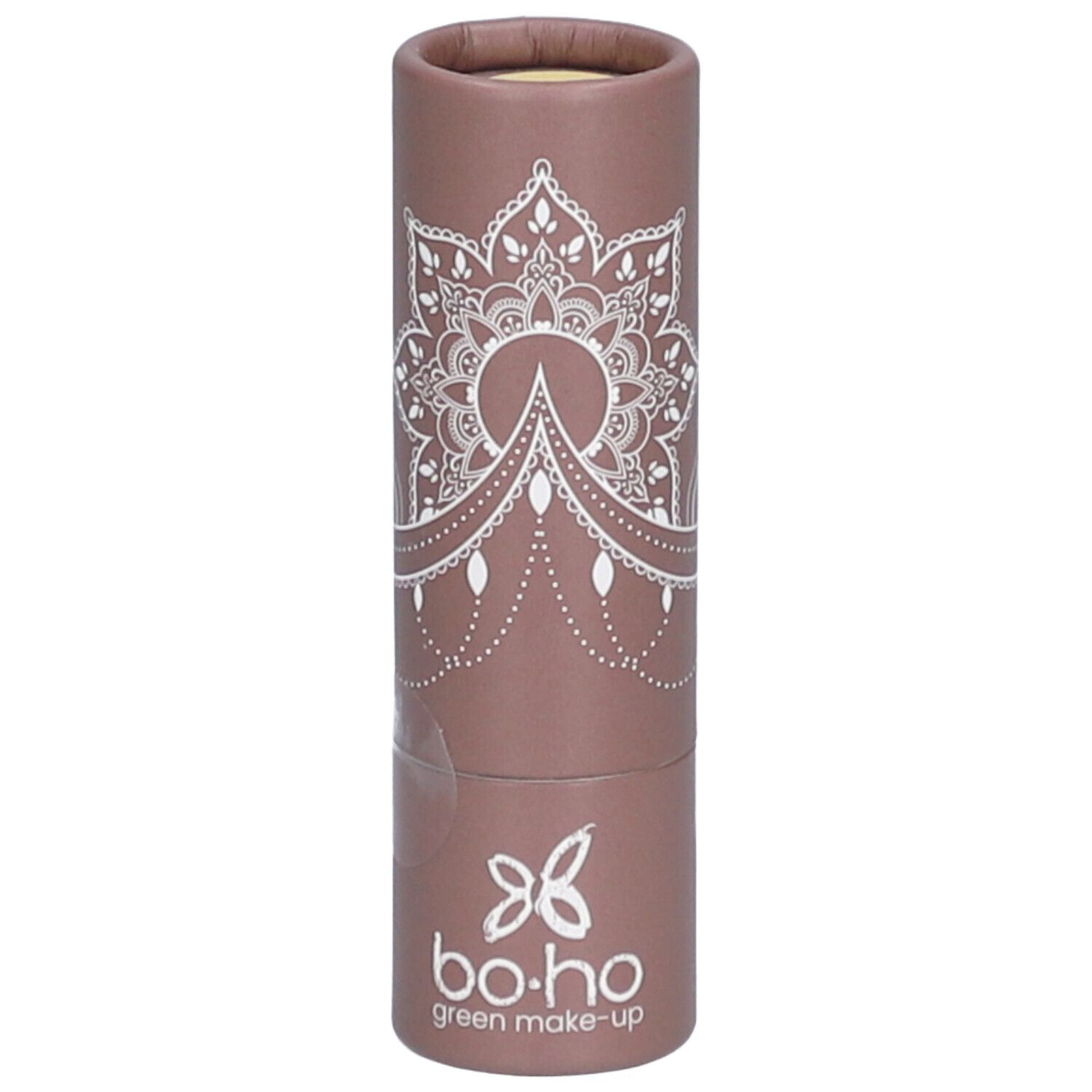 Emballage cylindrique marron avec motif blanc. Inscription "bo-ho green make-up" en bas.