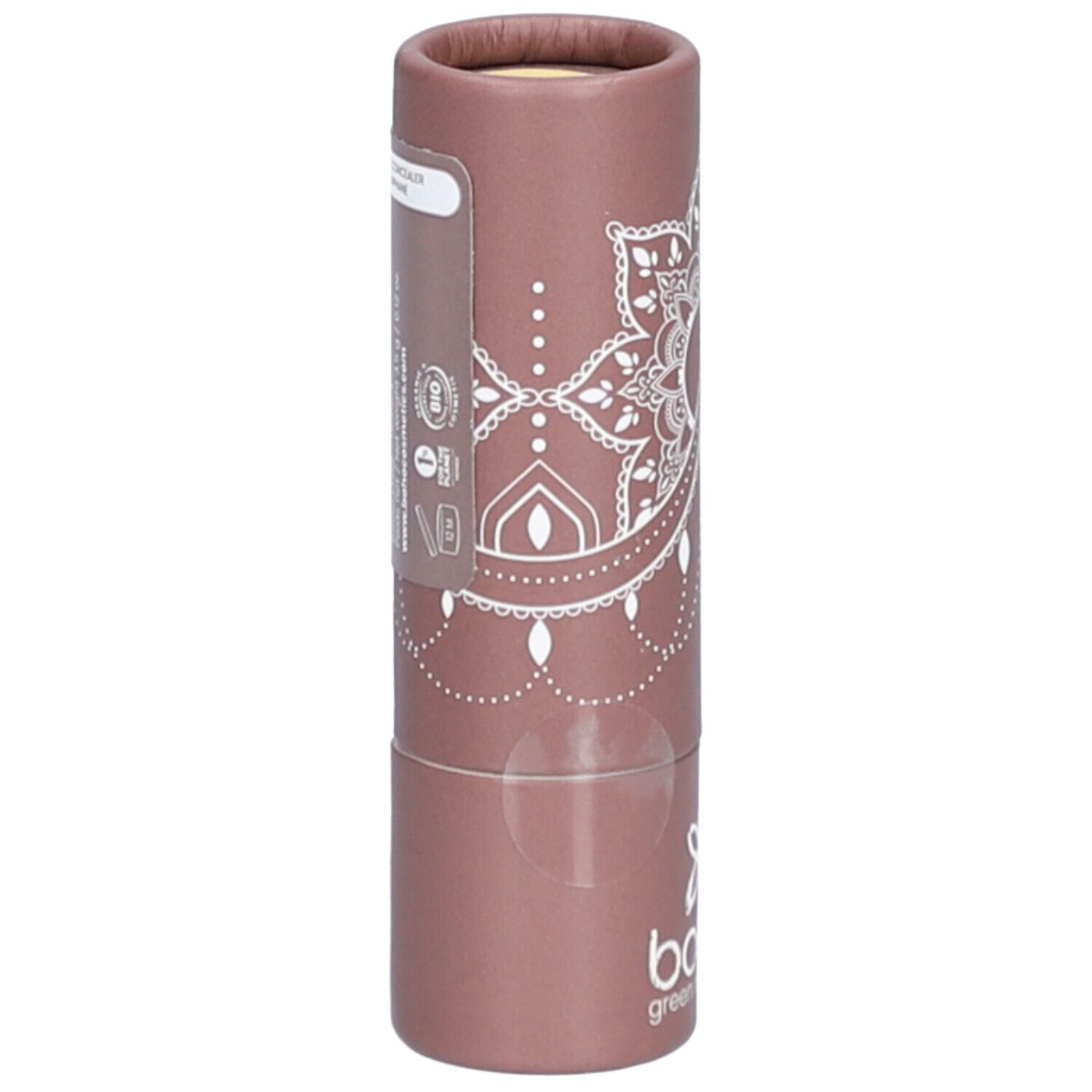Emballage cylindrique marron avec motif blanc et autocollant avec texte et logos.