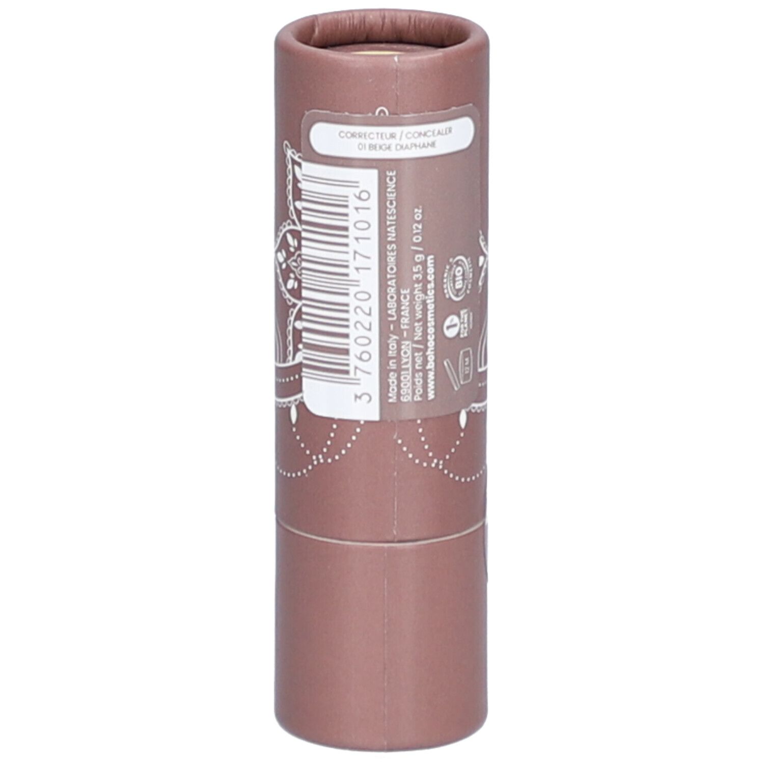 Emballage cylindrique marron avec motif blanc. Autocollant avec informations produit et code-barres.