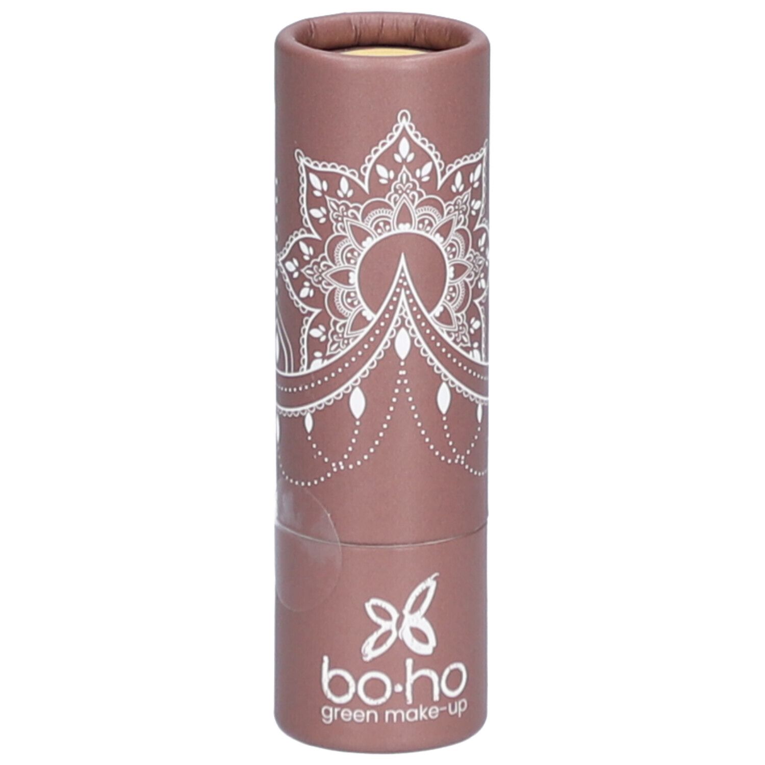 Emballage cylindrique marron avec motif blanc. Inscription "bo-ho green make-up" en bas.