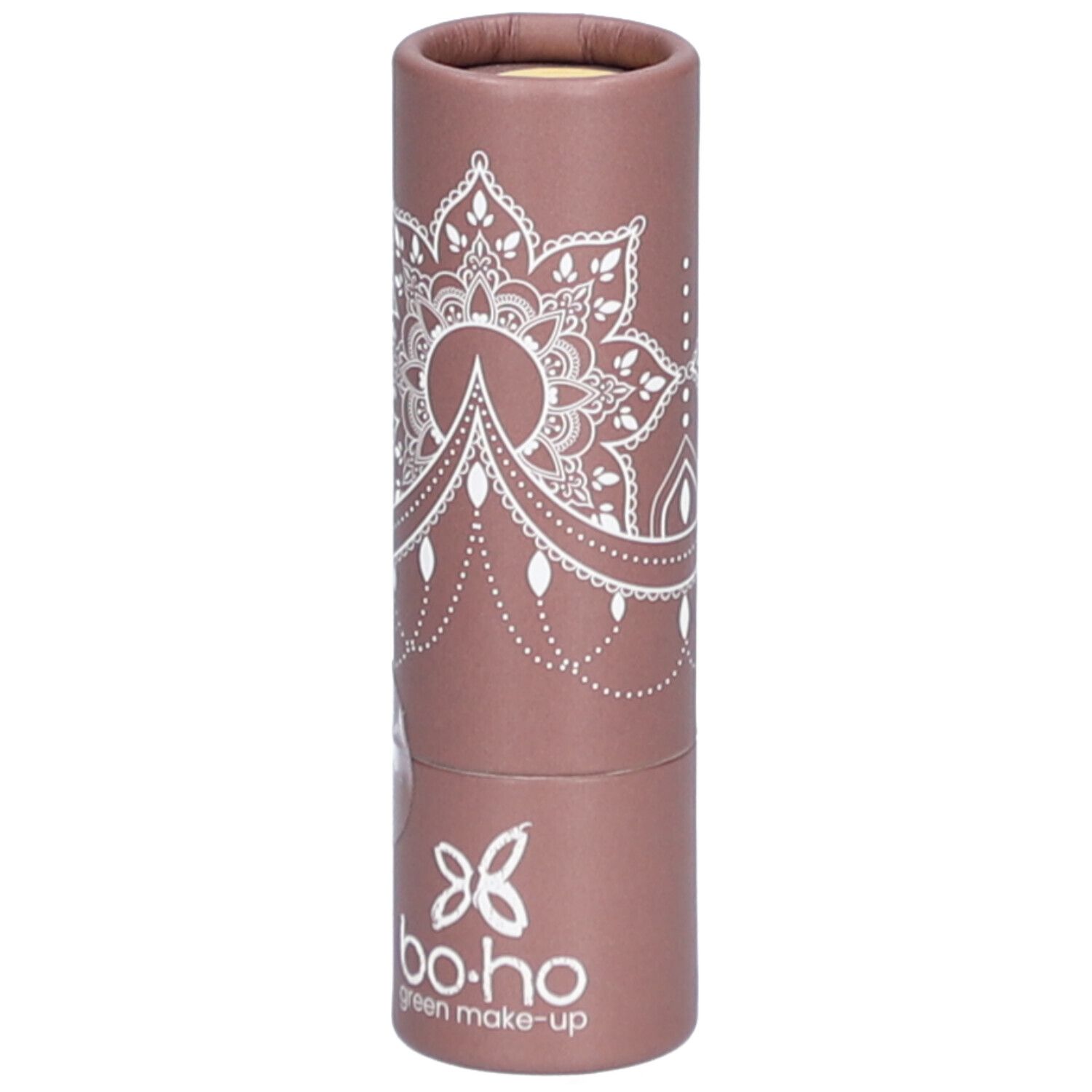 Emballage cylindrique marron avec motif blanc. Inscription "bo-ho green make-up" en bas.