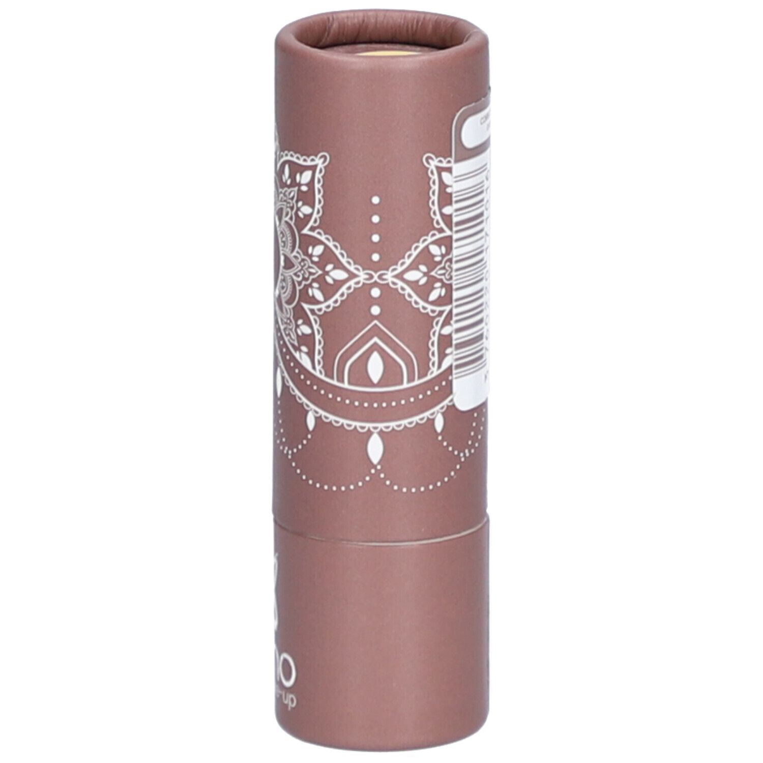 Emballage cylindrique marron avec motif blanc. Autocollant avec informations produit.