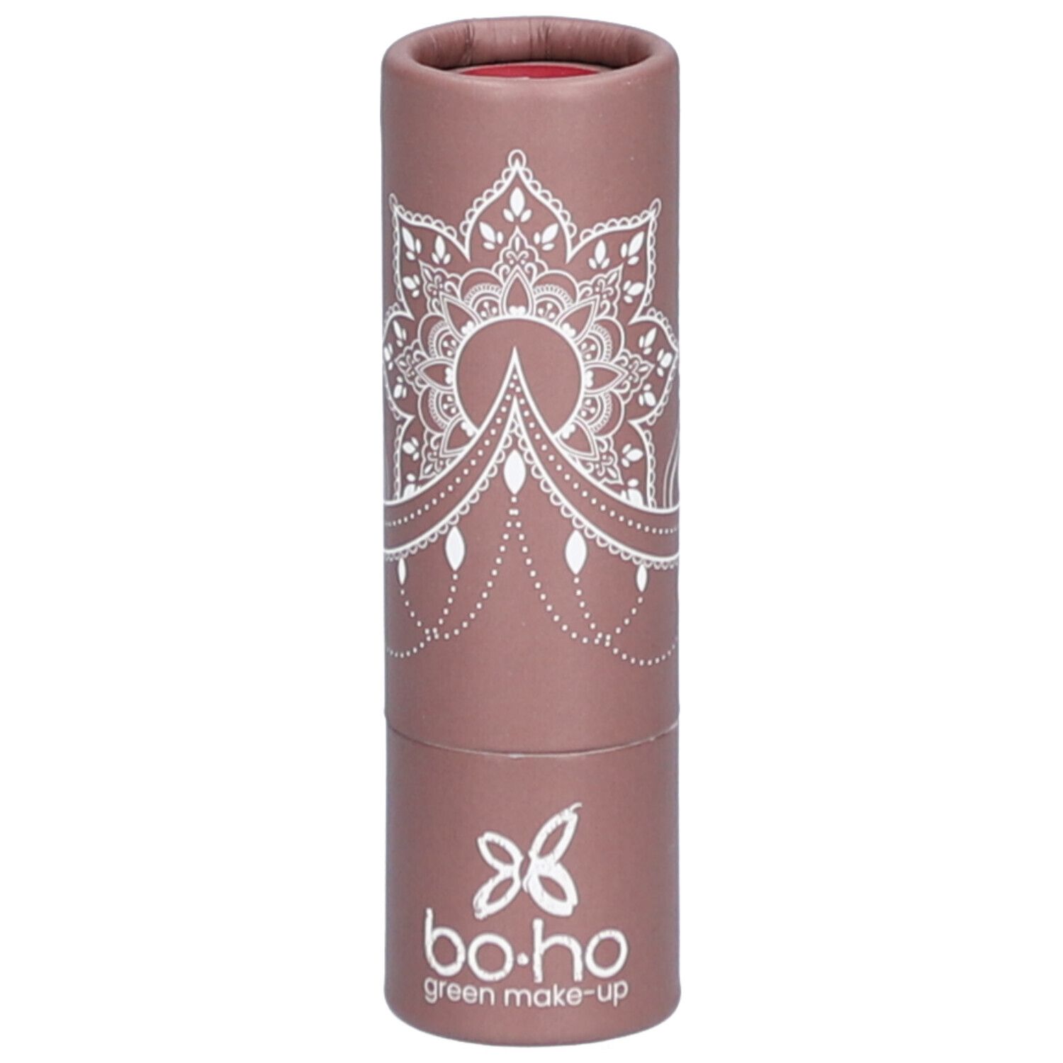 Rouge à lèvres dans un emballage cylindrique. Étui rose-brun avec motif blanc et logo. Cœur du rouge à lèvres visible.