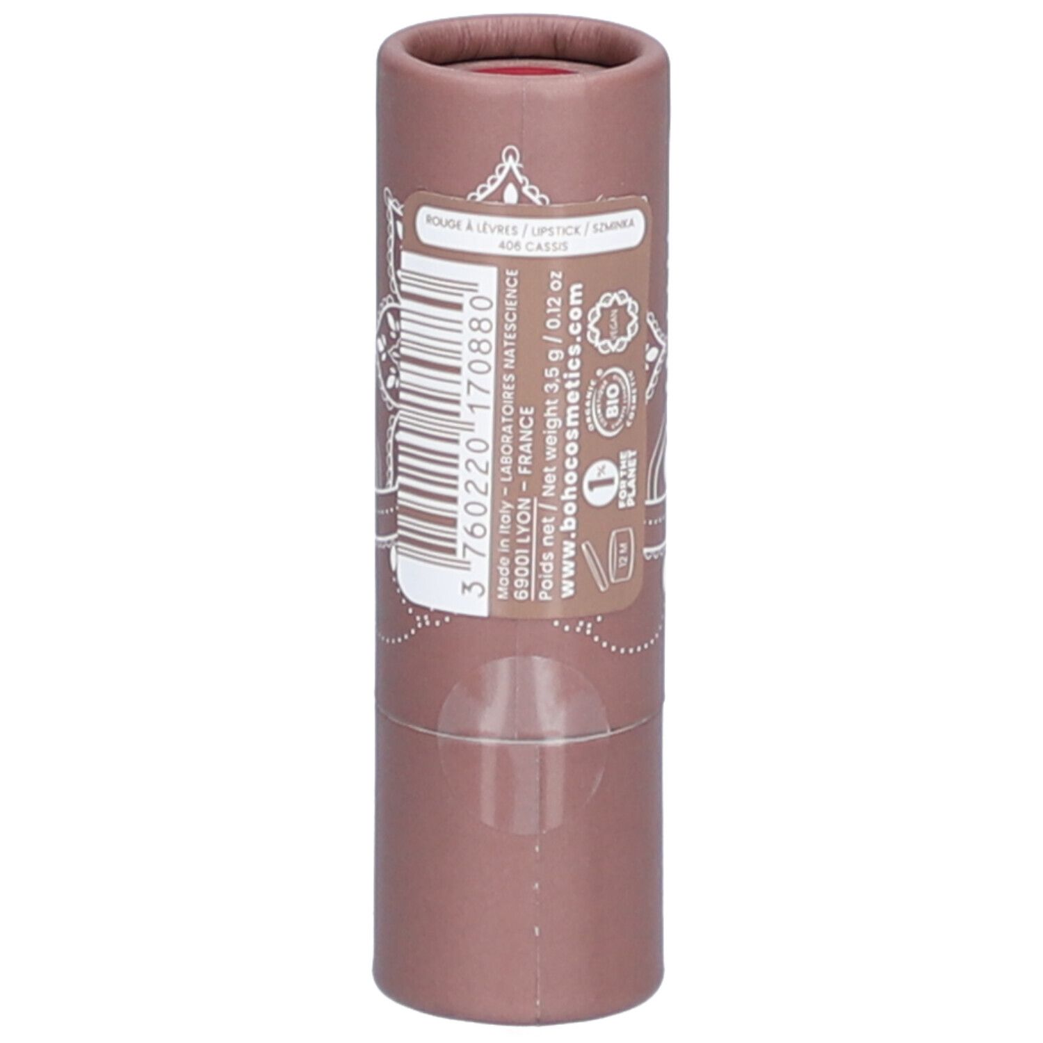 Rouge à lèvres en emballage cylindrique. Étui rose-brun avec motif blanc et logo. Informations produit et code-barres.