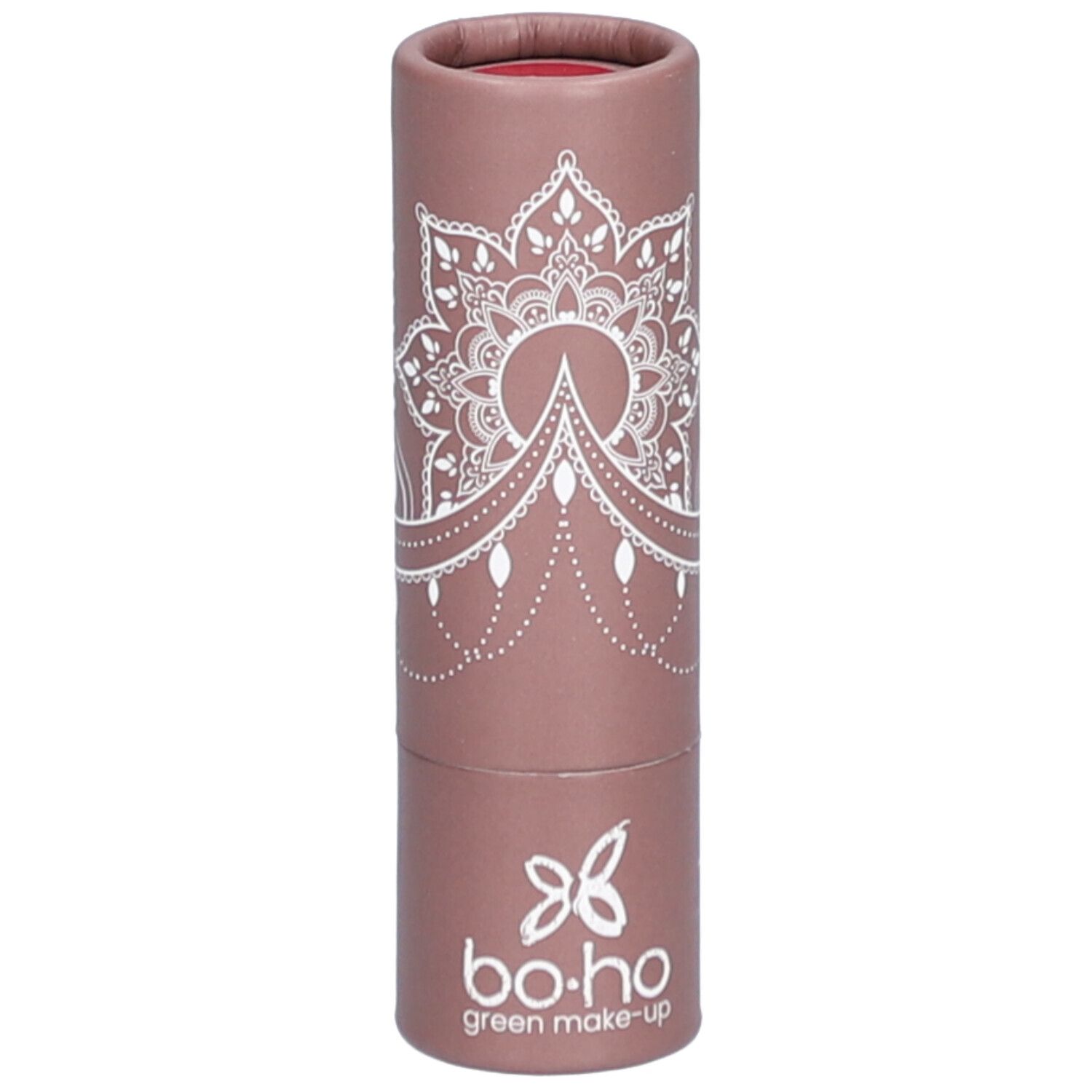 Rouge à lèvres dans un emballage cylindrique. Étui rose-brun avec motif blanc et logo. Cœur du rouge à lèvres visible.
