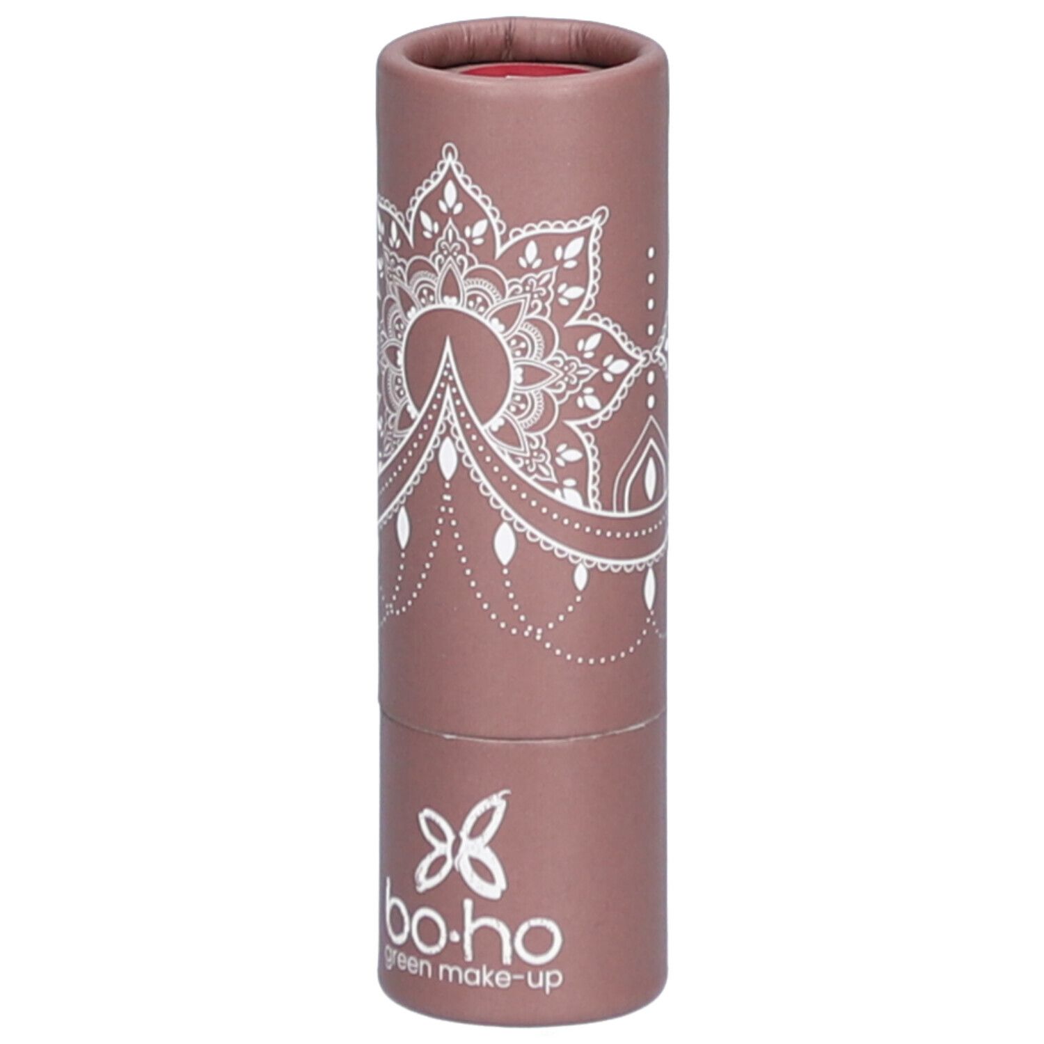Rouge à lèvres dans un emballage cylindrique. Étui rose-brun avec motif blanc et logo. Cœur du rouge à lèvres visible.
