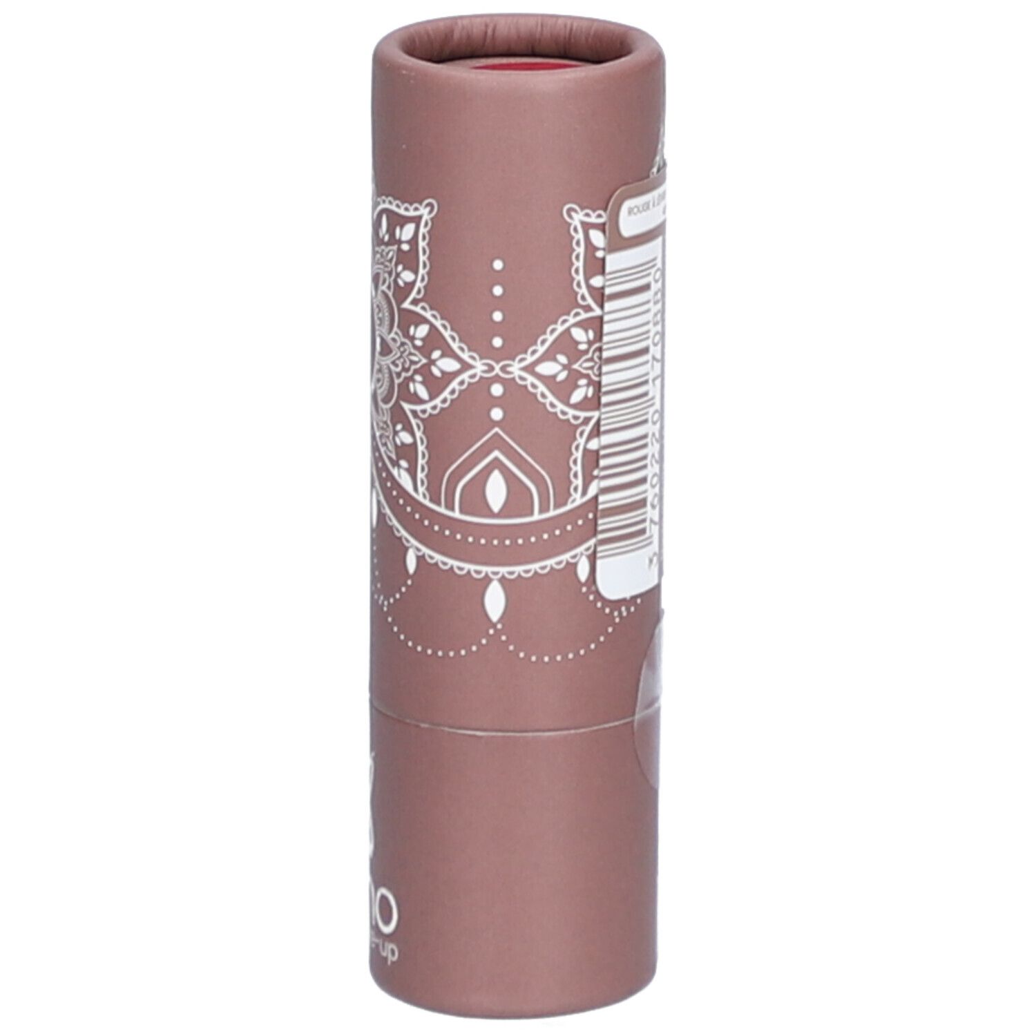 Rouge à lèvres en emballage cylindrique. Étui rose-brun avec motif blanc et logo. Code-barres et informations produit.