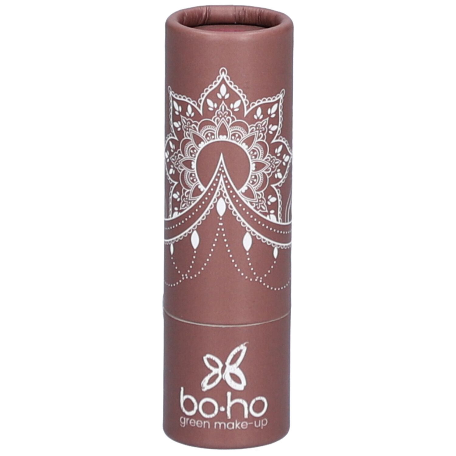 Emballage cylindrique marron avec motif mandala blanc et logo. Marque : bo-ho green make-up.
