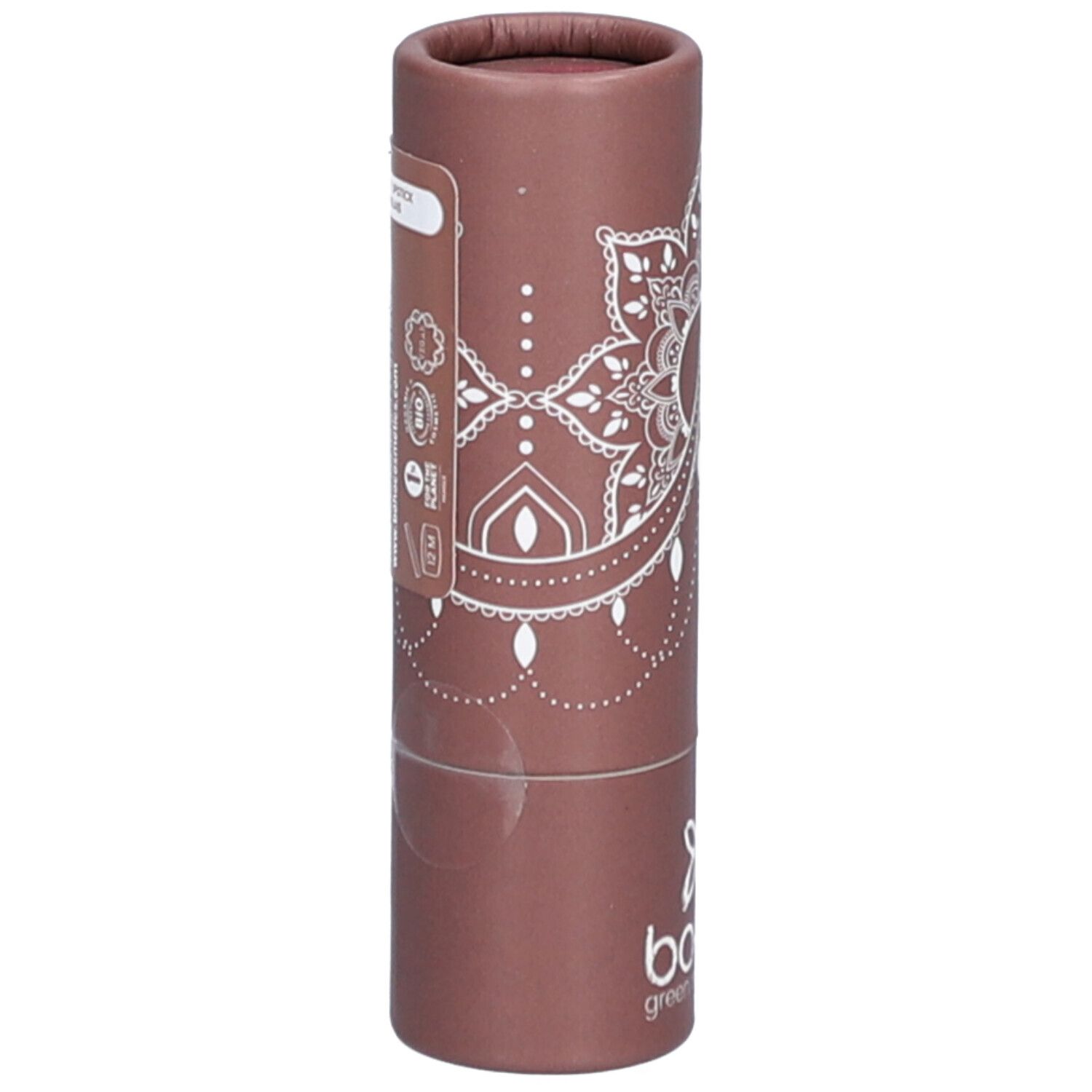 Emballage cylindrique avec motif mandala blanc et logo. Autocollant avec certifications.