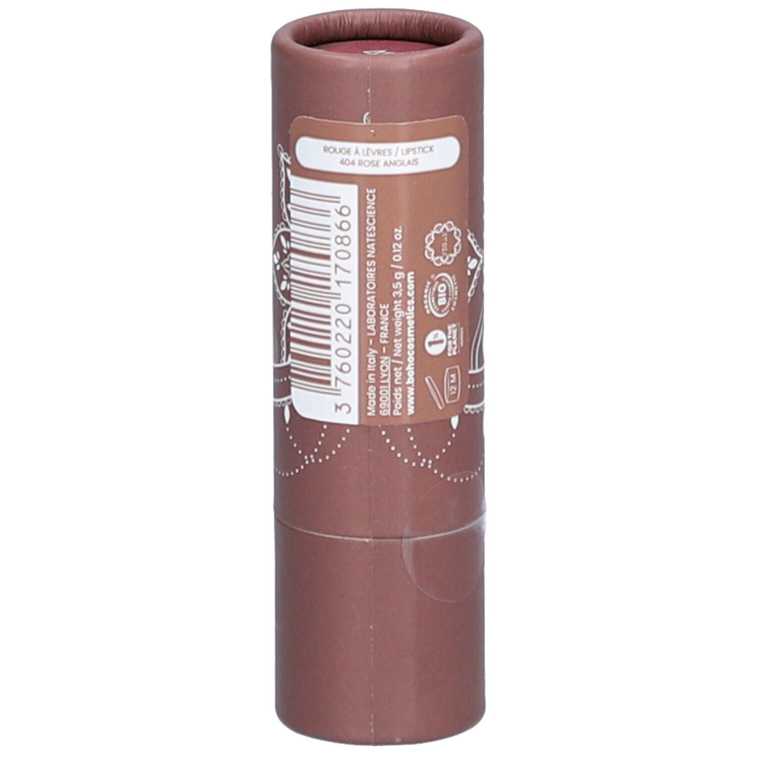 Emballage cylindrique avec informations produit. Nom : Rouge à Lèvres/Lipstick 404 Rose Anglais.