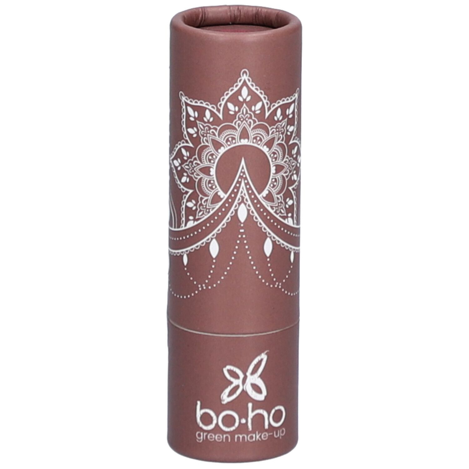 Emballage cylindrique marron avec motif mandala blanc et logo. Marque : bo-ho green make-up.