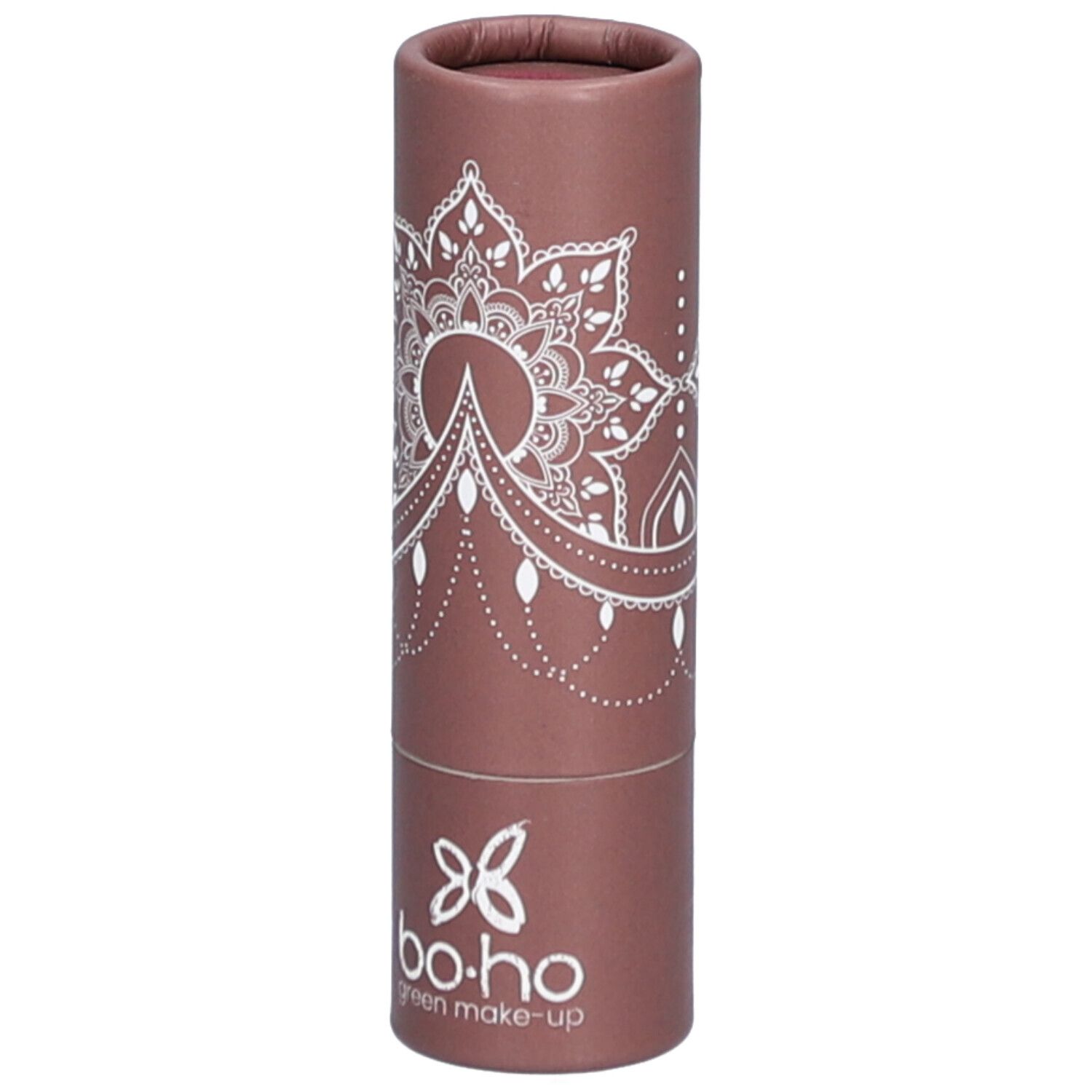 Emballage cylindrique marron avec motif mandala blanc et logo. Marque : bo-ho green make-up.