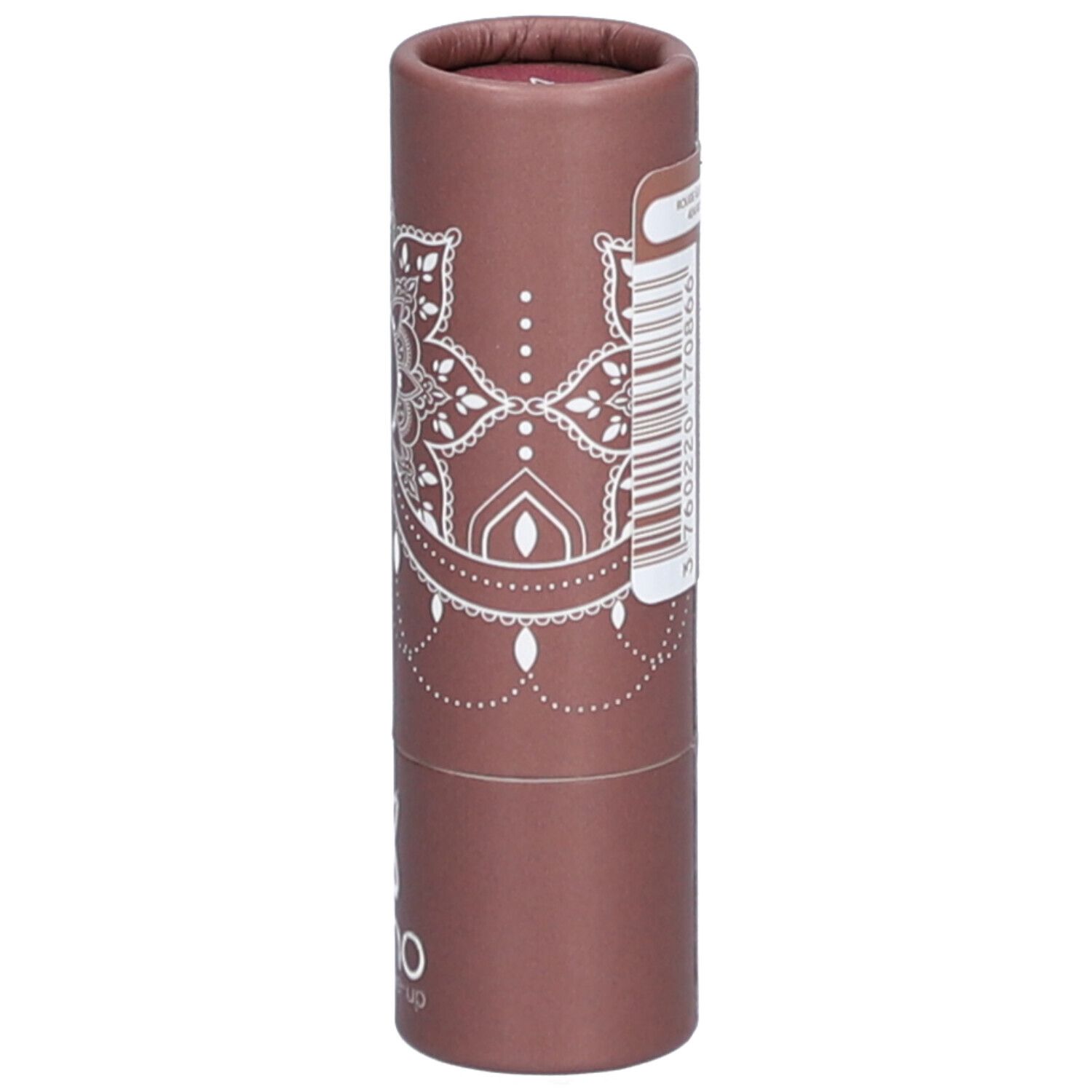 Emballage cylindrique avec motif mandala blanc et logo. Code-barres et informations produit.