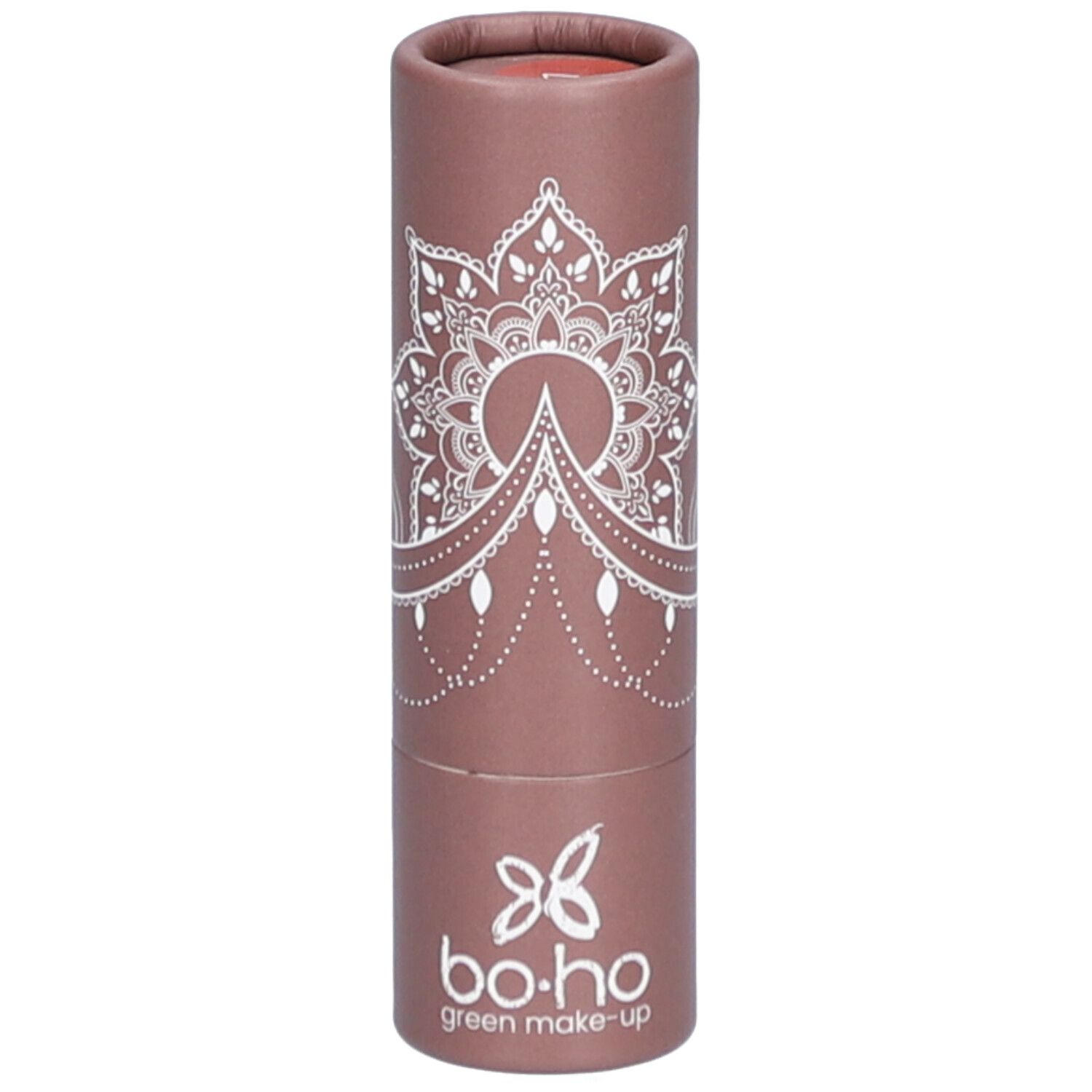 Emballage cylindrique marron avec motif mandala blanc et logo. Couleur du rouge à lèvres visible en haut.