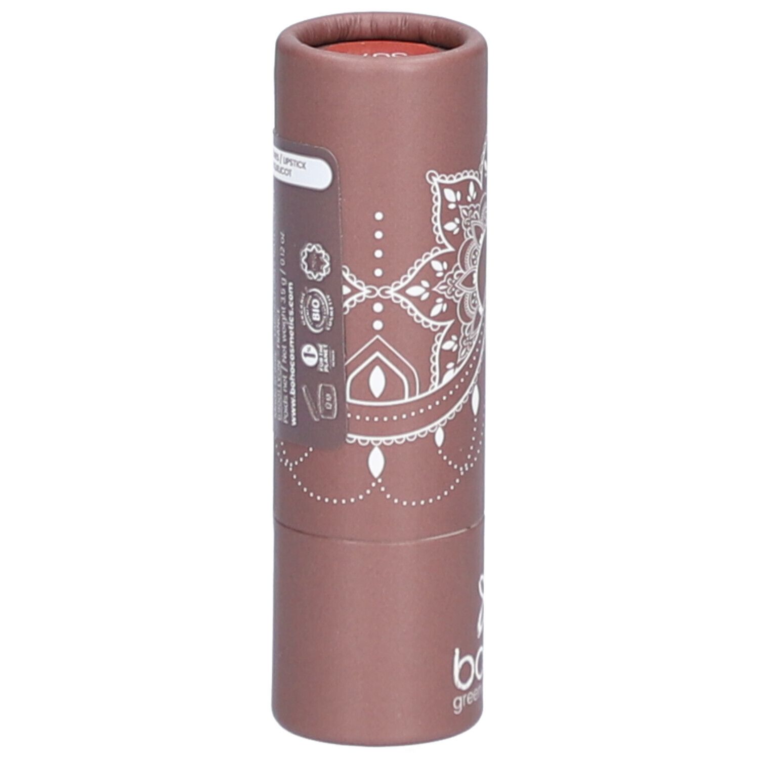 Emballage cylindrique marron avec motif mandala blanc et logo. Texte: 'Rouge à lèvres'.