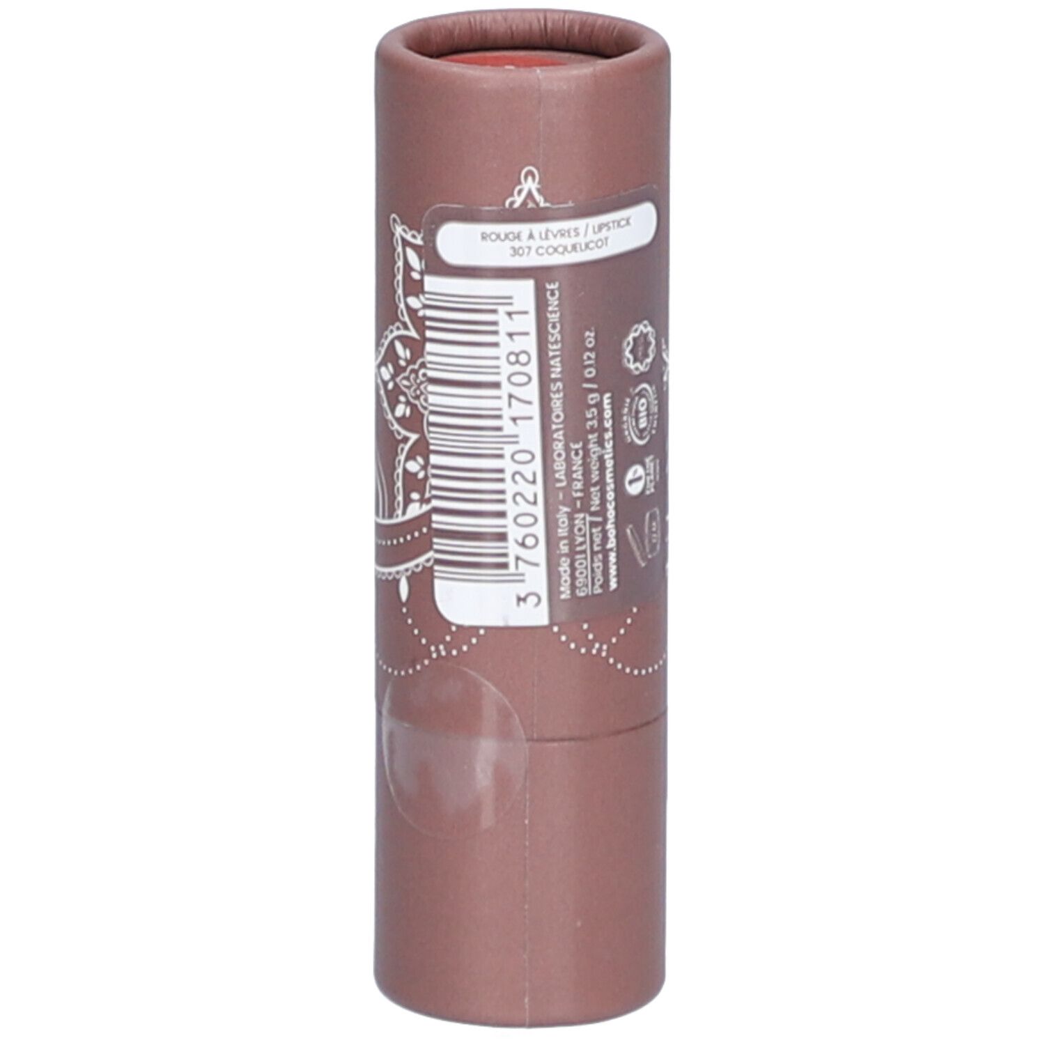 Emballage cylindrique marron avec motif mandala blanc et logo. Texte: 'Rouge à lèvres 307 Coquelicot'.