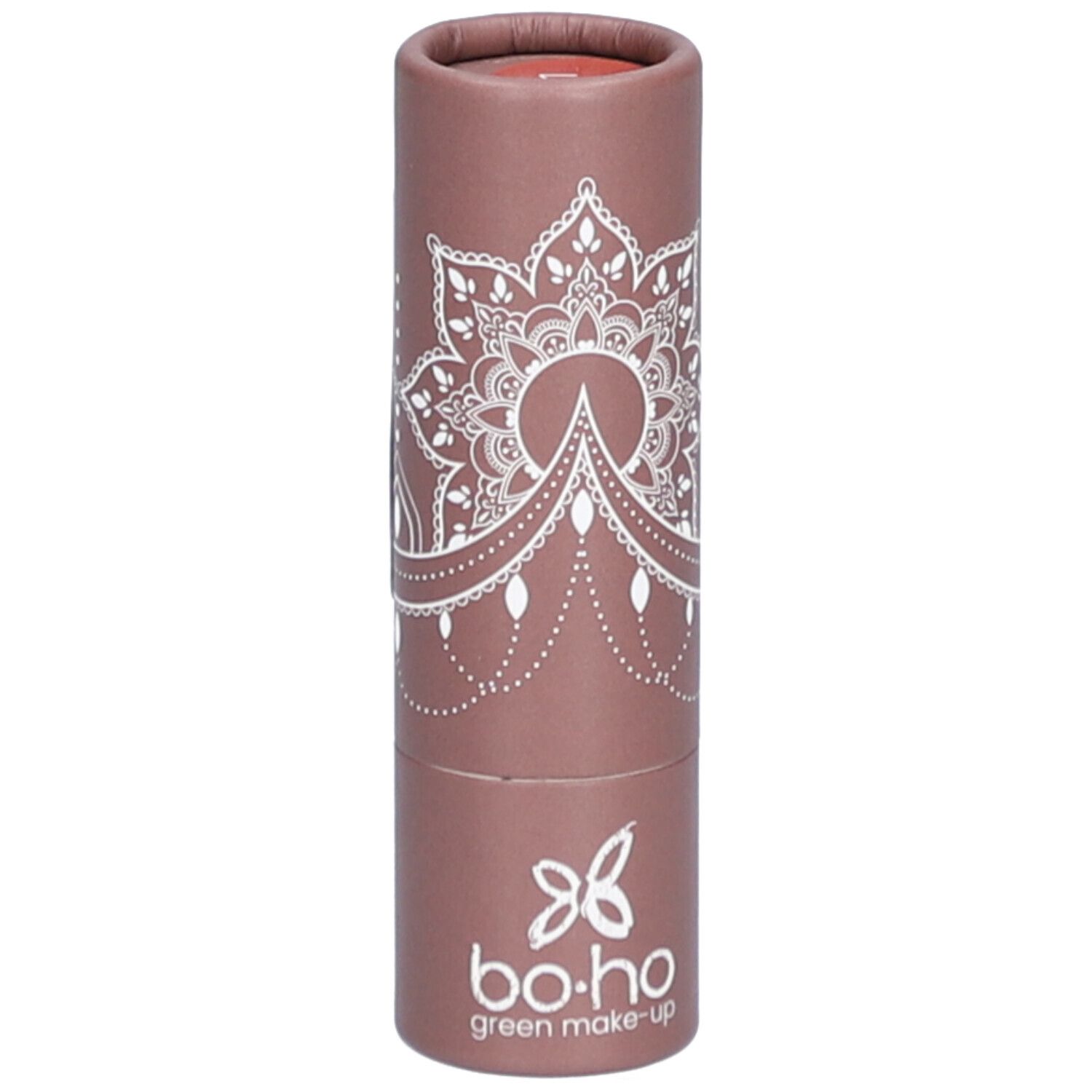 Emballage cylindrique marron avec motif mandala blanc et logo. Couleur du rouge à lèvres visible en haut.