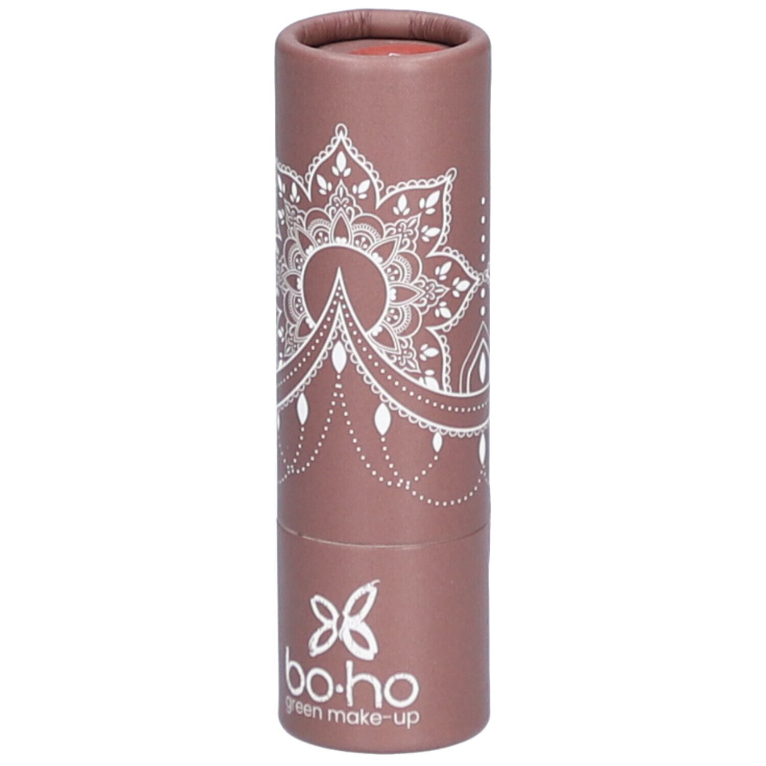 Emballage cylindrique marron avec motif mandala blanc et logo. Couleur du rouge à lèvres visible en haut.