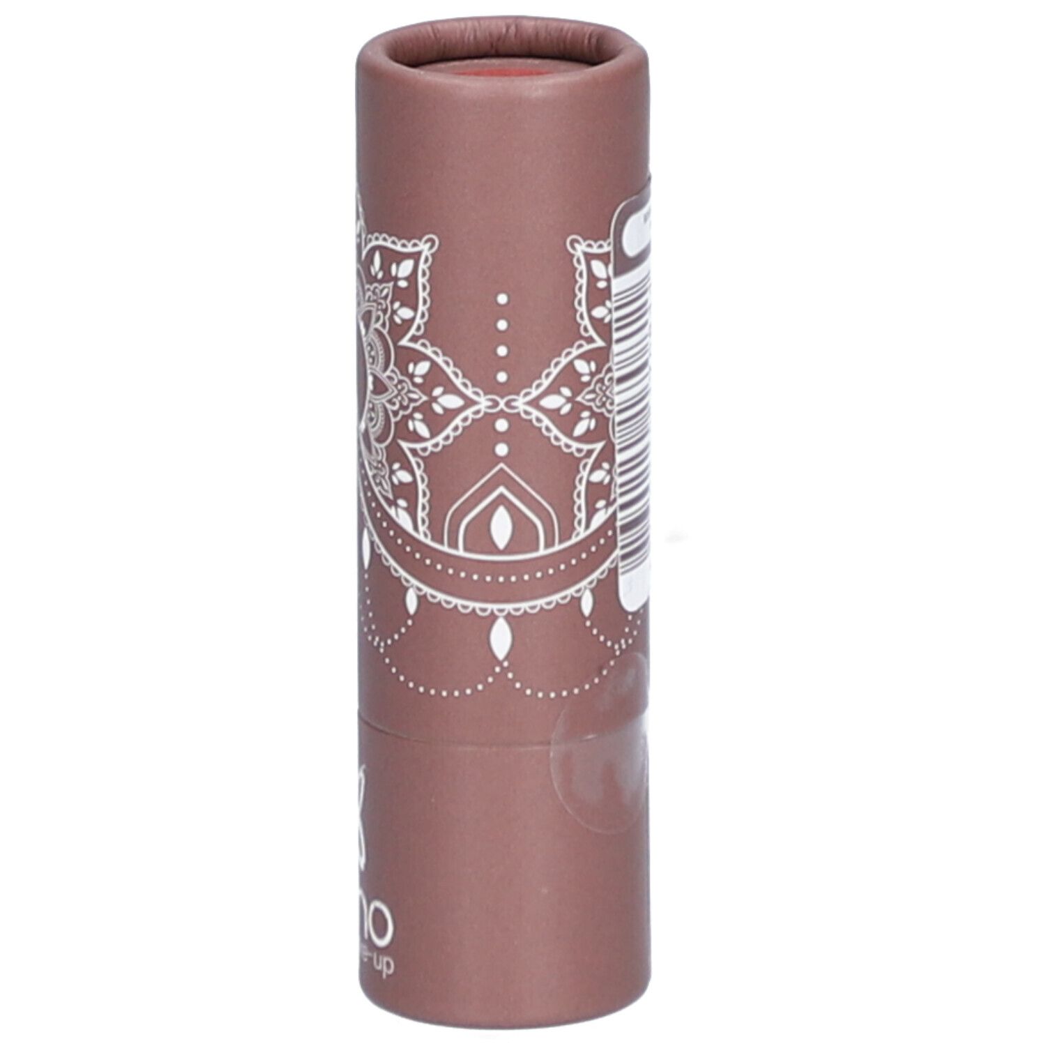 Emballage cylindrique marron avec motif mandala blanc et logo. Code-barres et texte sur le côté.