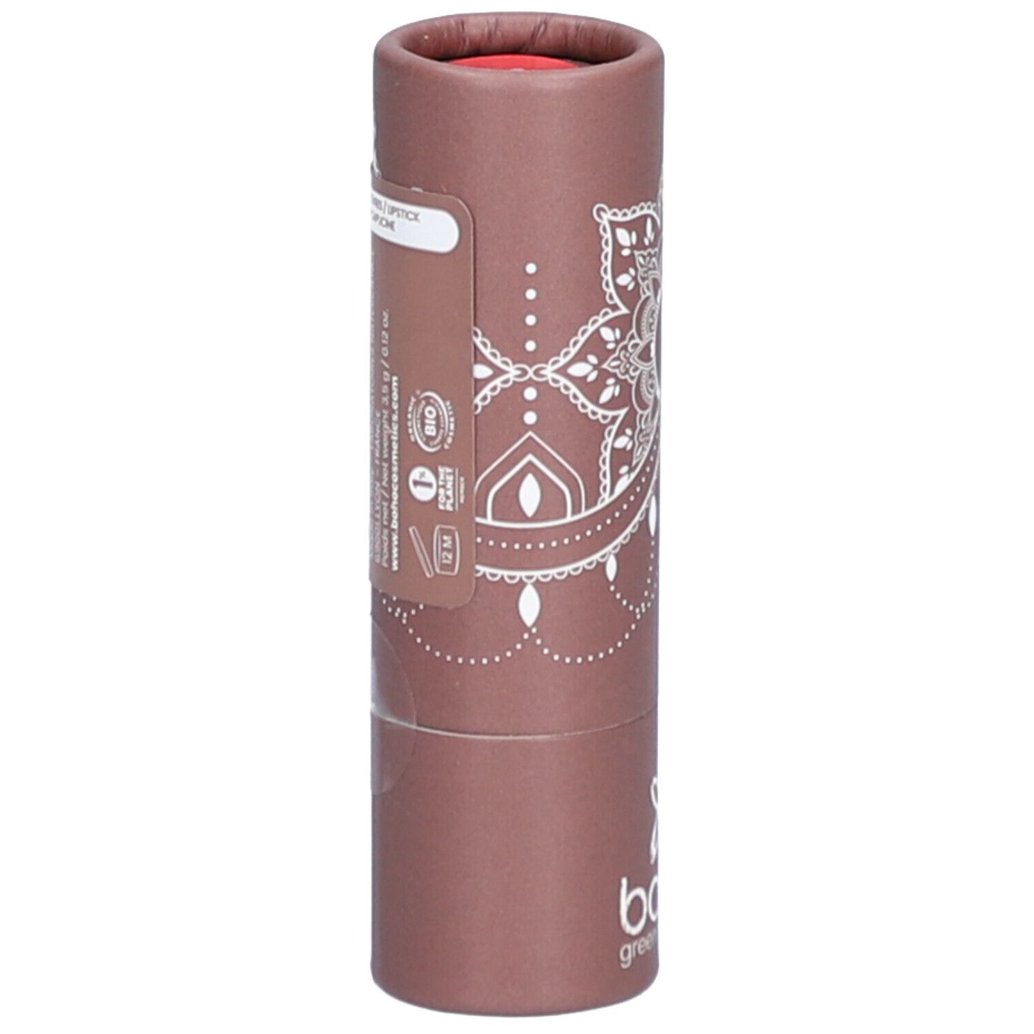 Emballage cylindrique marron avec motif blanc. Étiquette avec informations produit. Marque : bo-ho green make-up.