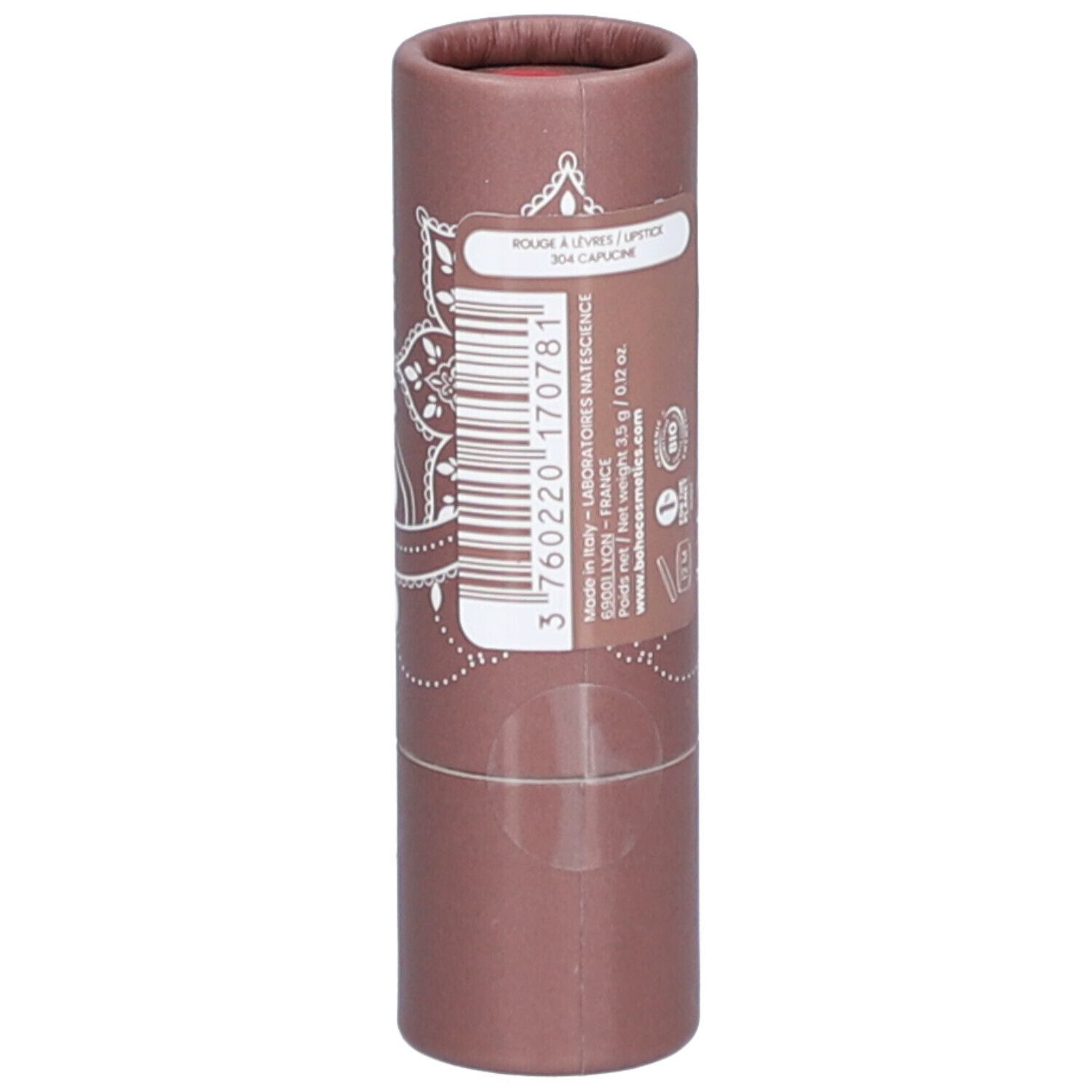 Emballage cylindrique marron avec motif blanc. Informations produit et code-barres. Marque : bo-ho green make-up.
