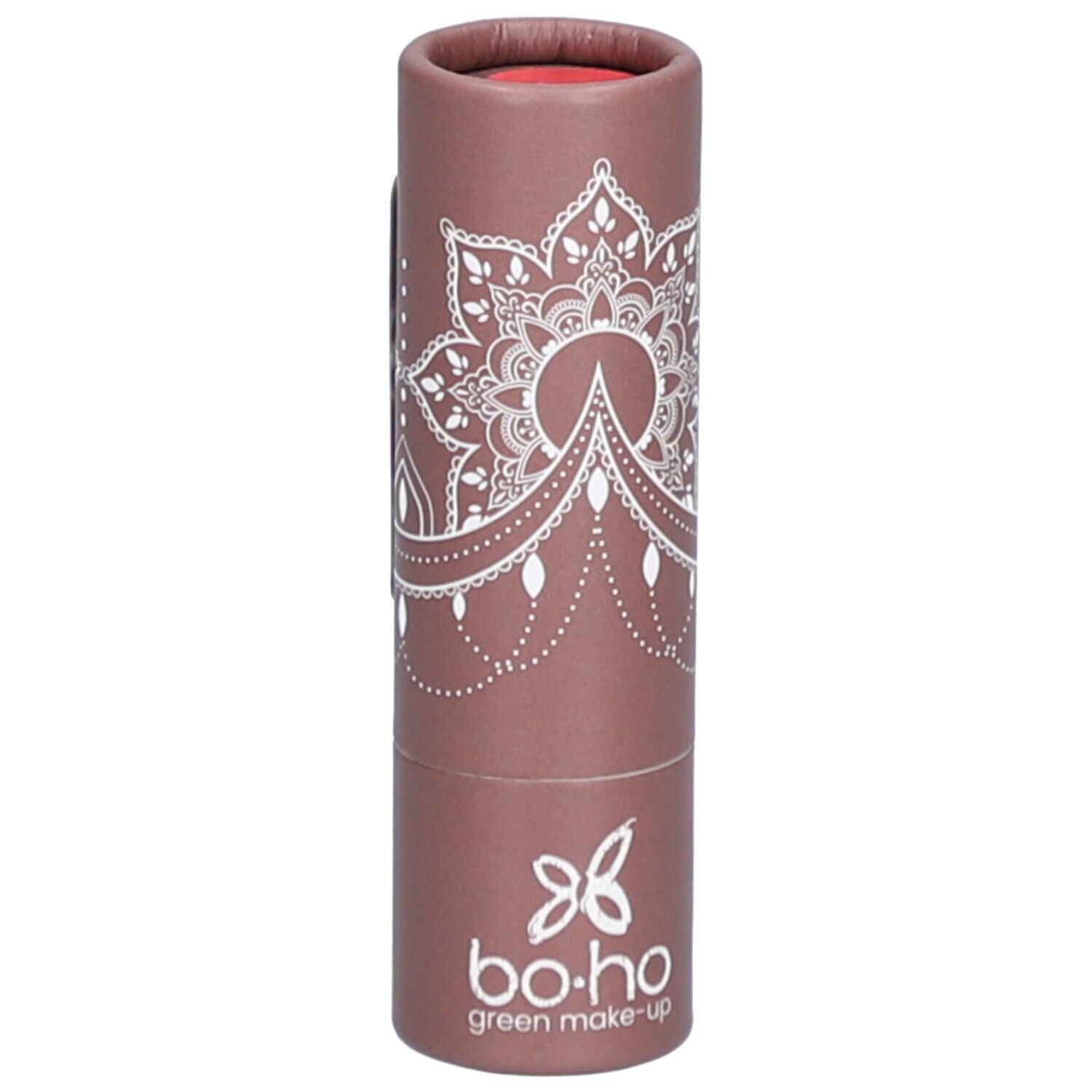 Emballage cylindrique marron avec motif blanc et logo. Rouge à lèvres rouge visible. Marque : bo-ho green make-up.