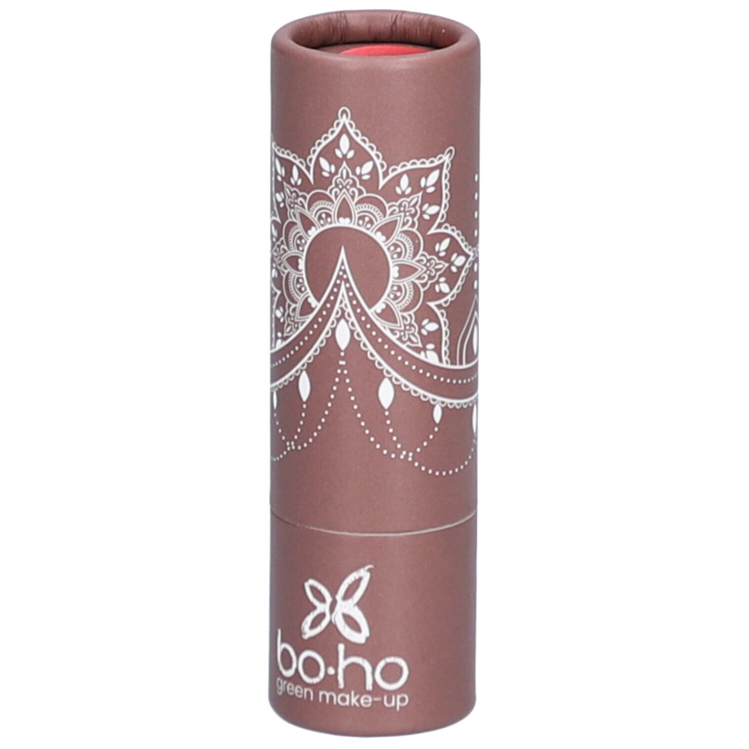 Emballage cylindrique marron avec motif blanc et logo. Rouge à lèvres rouge visible. Marque : bo-ho green make-up.