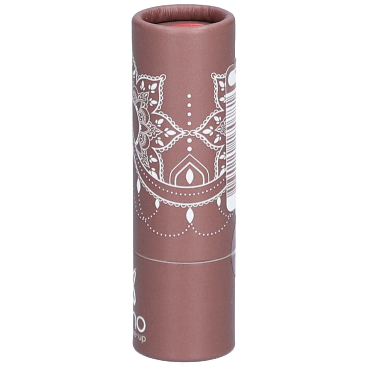 Emballage cylindrique marron avec motif blanc. Code-barres visible. Marque : bo-ho green make-up.