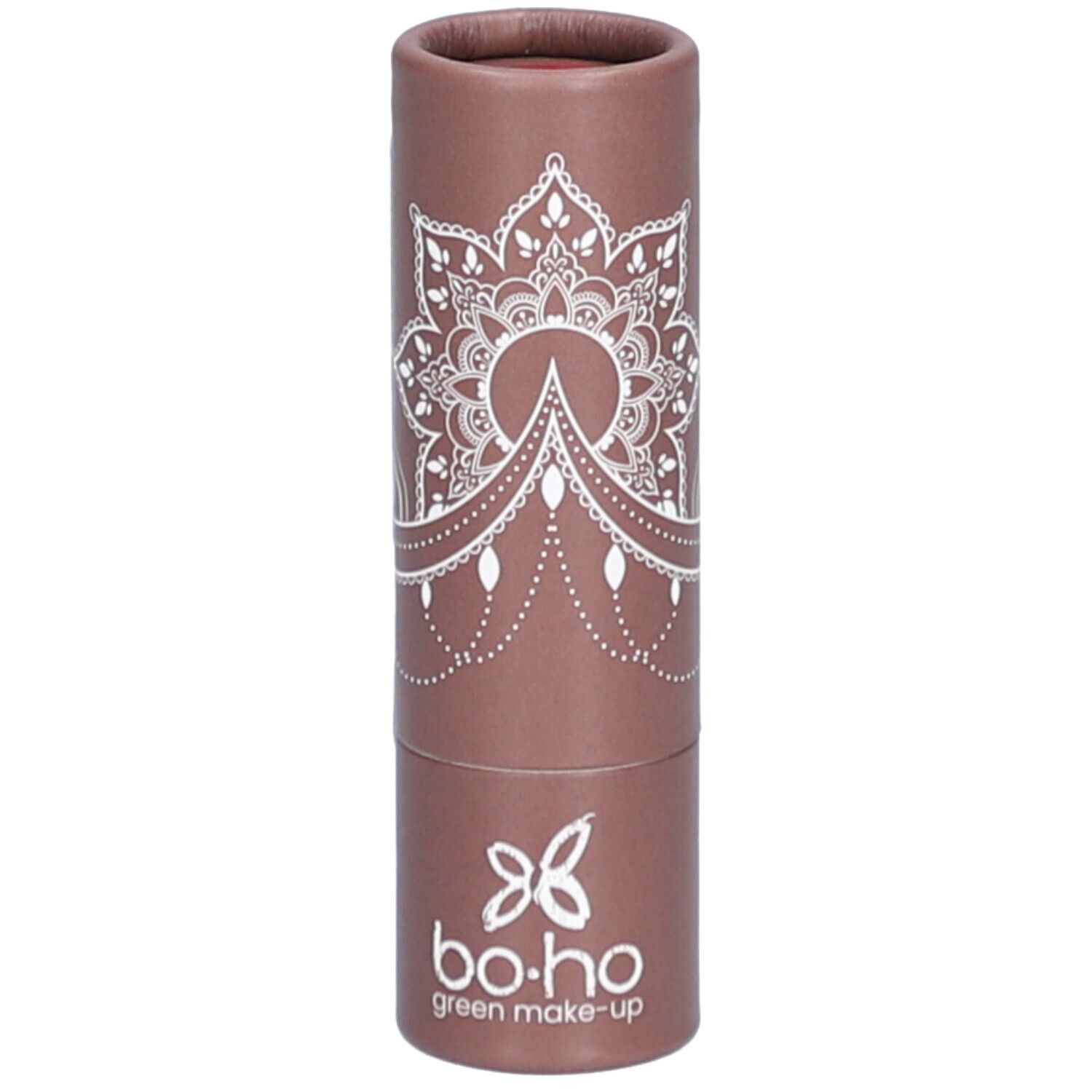 Emballage cylindrique marron avec motif mandala blanc et logo "bo.ho green make-up".