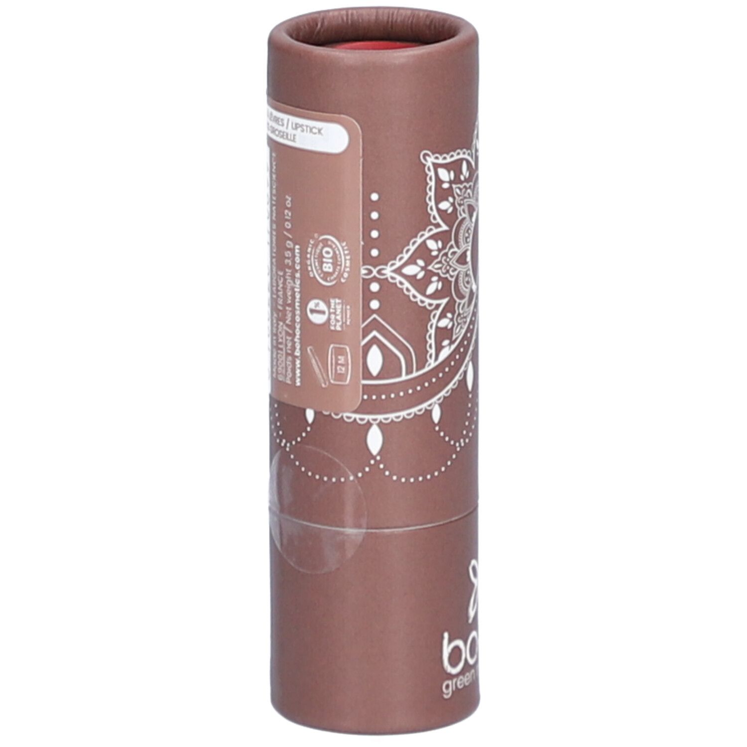 Emballage cylindrique marron avec étiquette. Étiquette avec informations produit et label bio. Rouge à lèvres visible en haut.