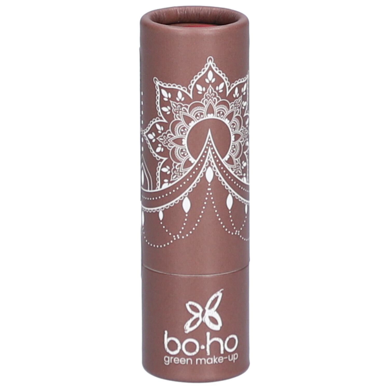 Emballage cylindrique marron avec motif mandala blanc et logo "bo.ho green make-up".