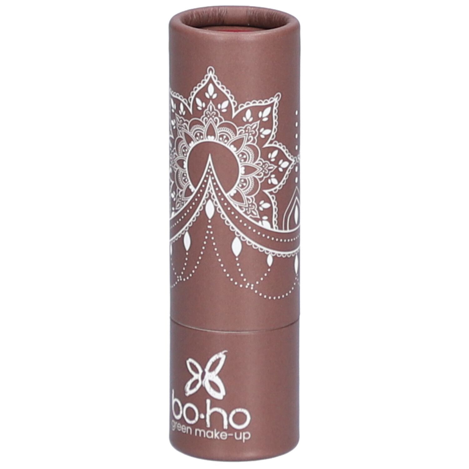 Emballage cylindrique marron avec motif mandala blanc et logo "bo.ho green make-up".