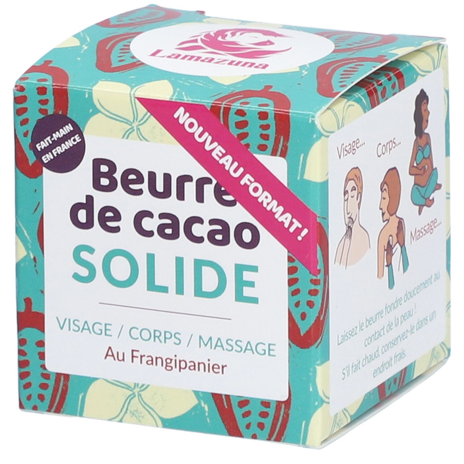 Boîte carrée avec motif floral et texte: Beurre de cacao SOLIDE. Visage/Corps/Massage. Logo Lamazuna. Mention "Fait-main en France".