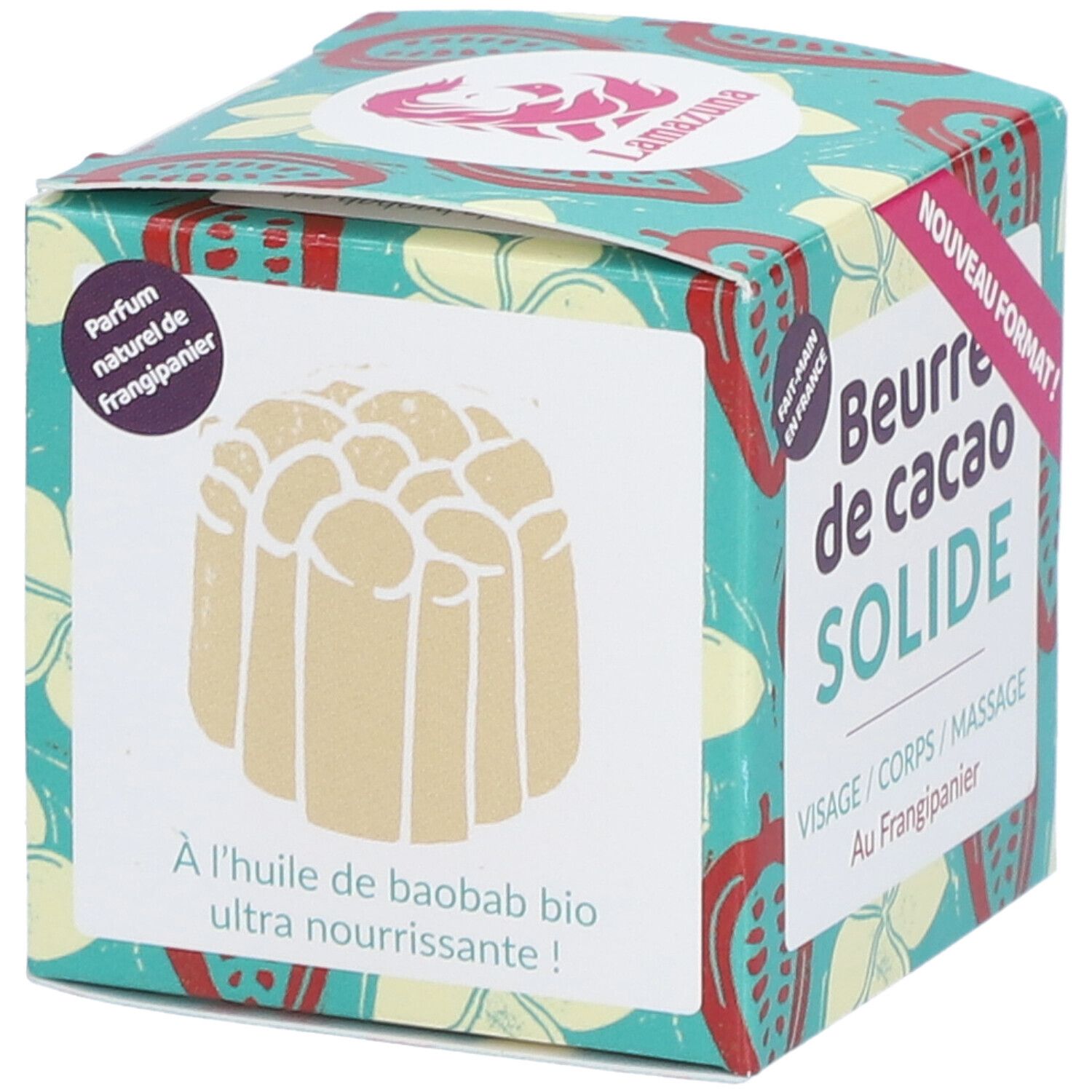Emballage avec motif floral. Illustration d'un bloc de beurre de cacao solide. Texte: Beurre de cacao SOLIDE. Logo Lamazuna. Avec huile de baobab.