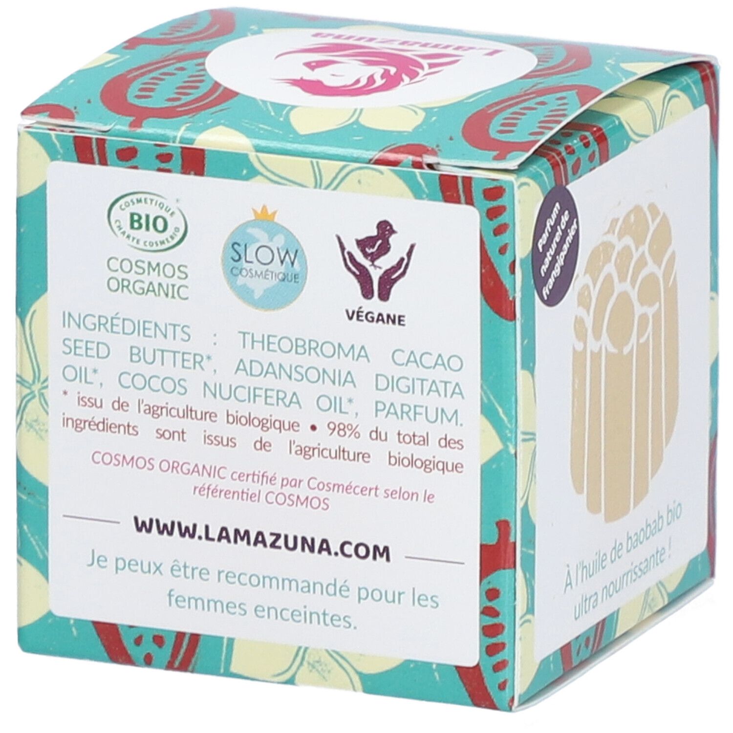 Emballage avec motif floral. Dos avec ingrédients, certification Cosmos Organic, logo Vegan et logo Lamazuna. Texte en français.