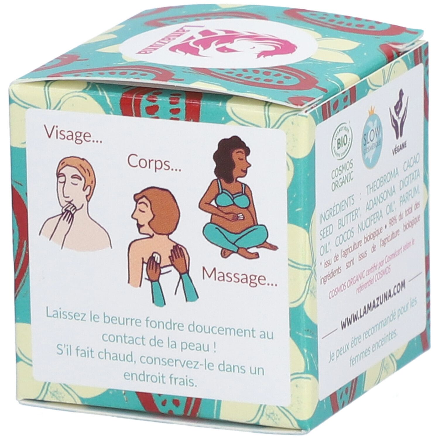 Emballage avec motif floral. Illustrations d'utilisation: visage, corps, massage. Texte en français. Logo Lamazuna.