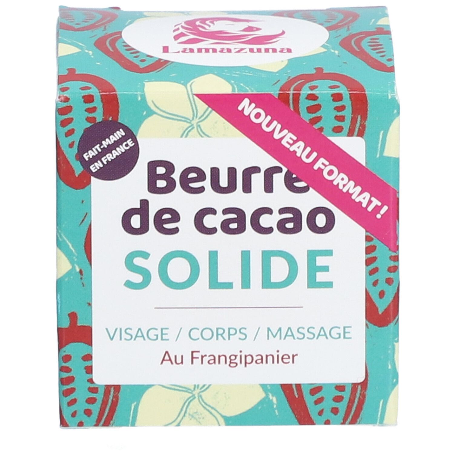 Boîte carrée avec motif floral et texte: Beurre de cacao SOLIDE. Visage/Corps/Massage. Logo Lamazuna. Mention "Nouveau Format!".