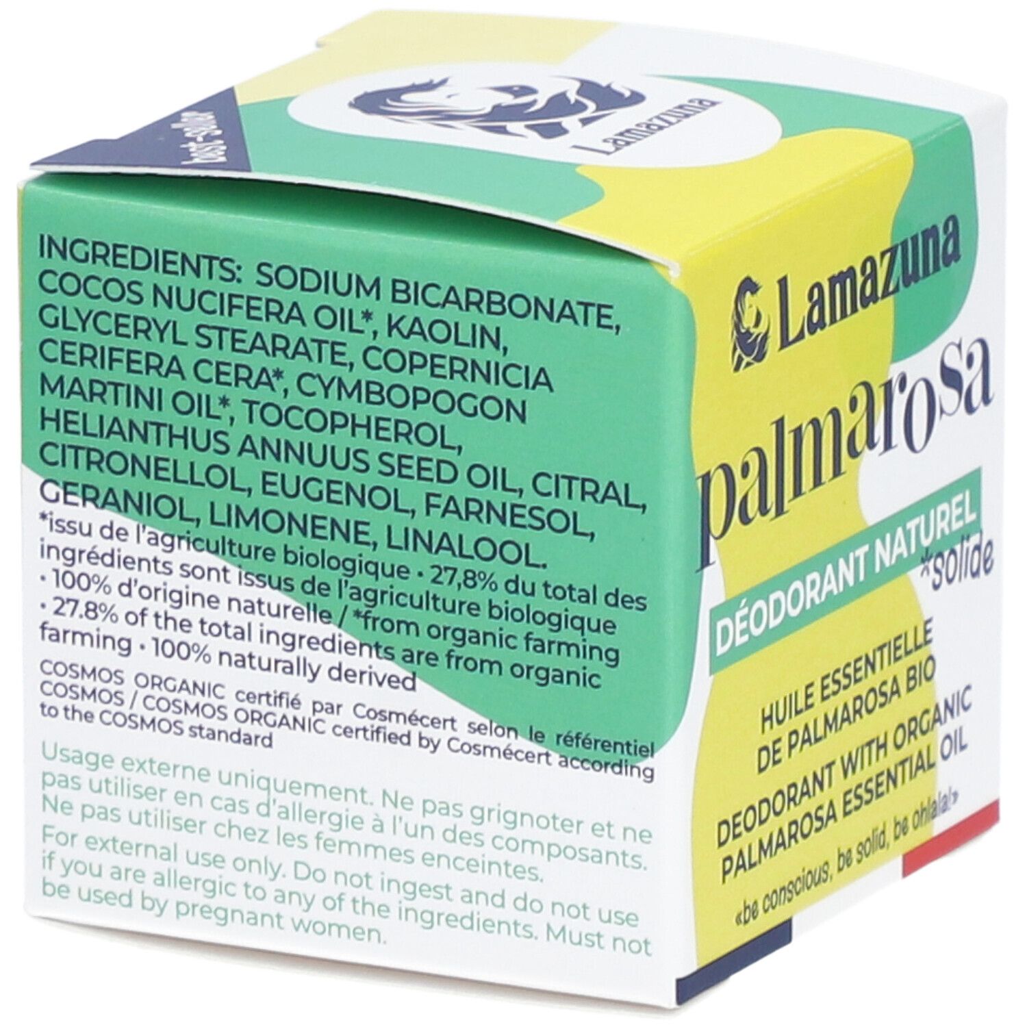 Verpackung mit Inhaltsstoffen. Text: Sodium Bicarbonate, Cocos Nucifera Oil, Kaolin, etc. Cosmos Organic Zertifizierung.