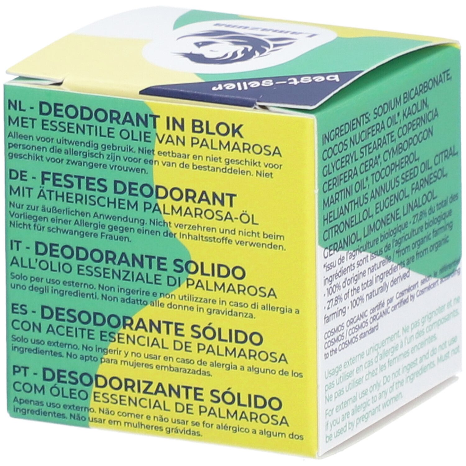 Verpackung mit Text in mehreren Sprachen. Enthält: NL, DE, IT, ES, PT. Text: Deodorant in blok, festes Deodorant, etc.