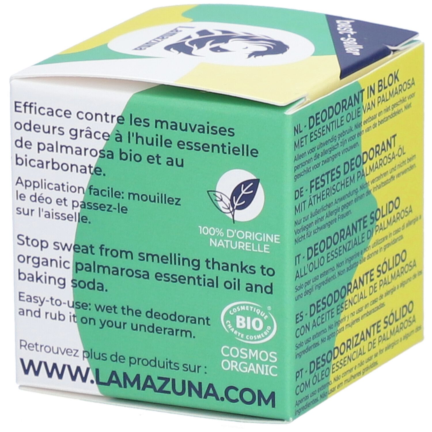 Verpackung mit Text und Logo. Text: 100% d'origine naturelle, Cosmos Organic. Anwendungshinweise auf Französisch.