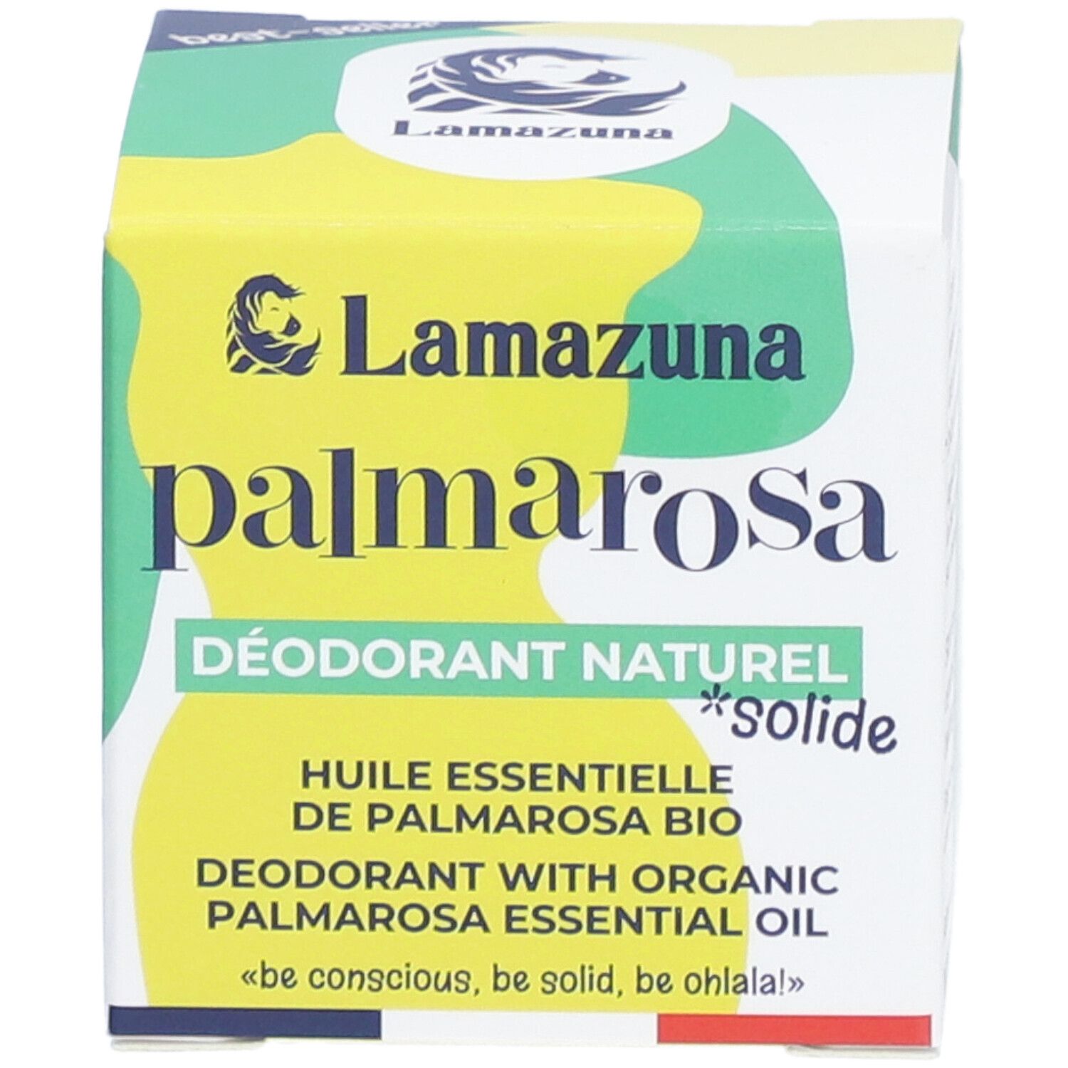 Verpackung mit Produktnamen. Grün-gelbe Box mit Text: palmarosa, DÉODORANT NATUREL *solide*, huile essentielle.