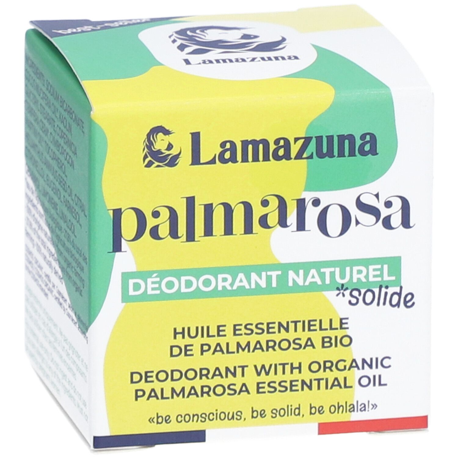 Verpackung mit Produktnamen. Grün-gelbe Box mit Text: palmarosa, DÉODORANT NATUREL *solide*, huile essentielle.