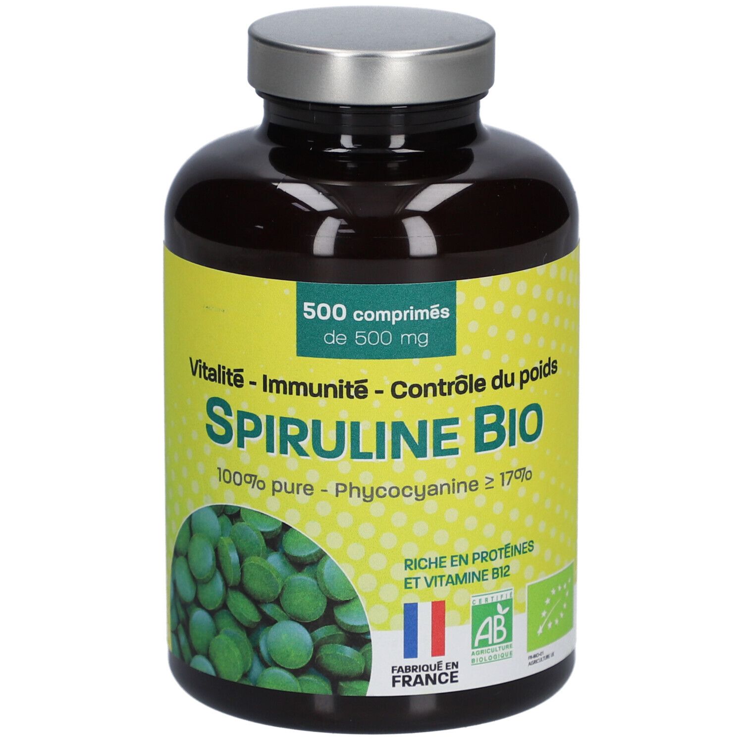 Flacon marron avec étiquette jaune. Inscription: Spiruline Bio, 500 comprimés, 500 mg. Avec label bio français.