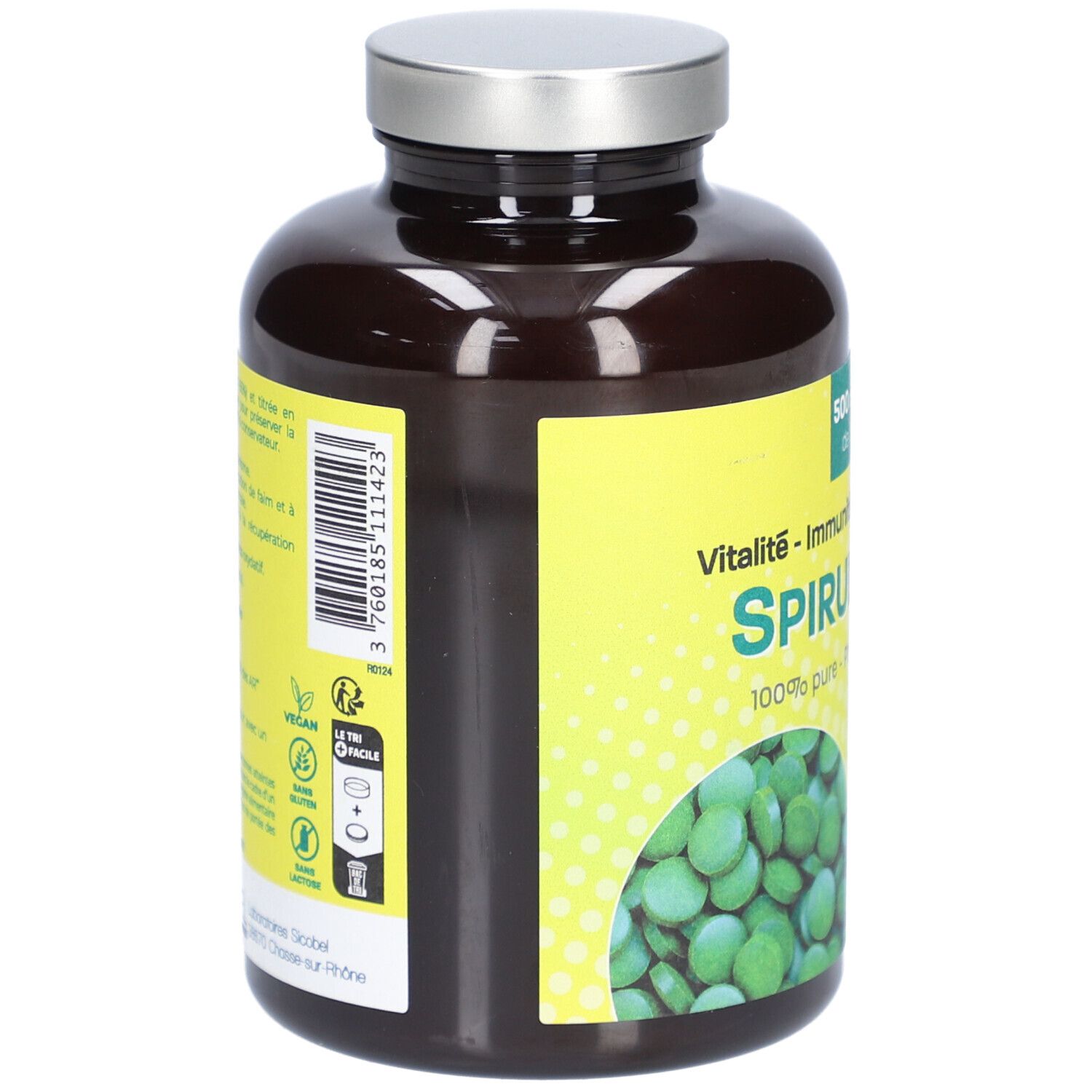 Flacon marron avec étiquette jaune. Verso avec texte et logos. Labels vegan et bio. Contient 250g.