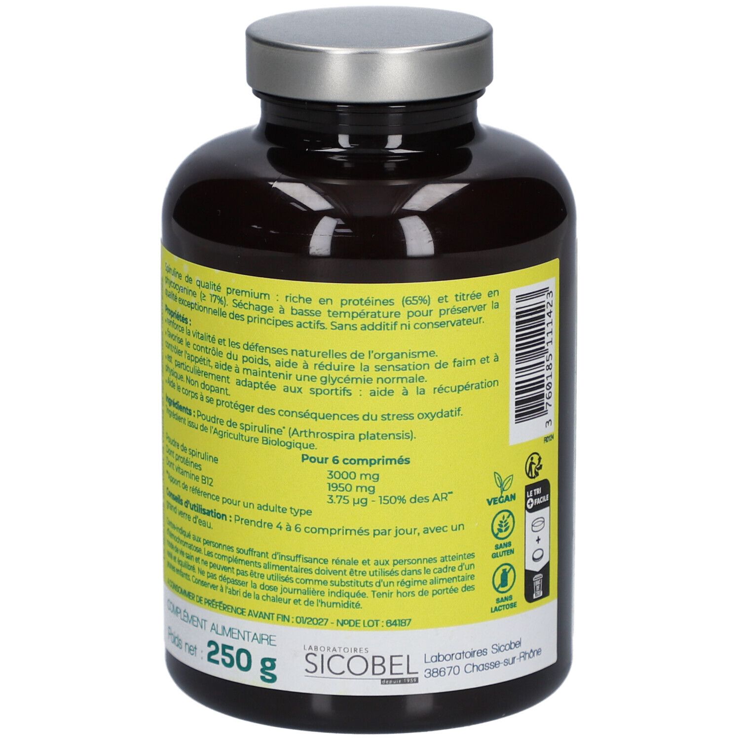 Dos d'un flacon marron avec étiquette jaune. Informations textuelles, labels vegan et bio. Contenu: 250 g.