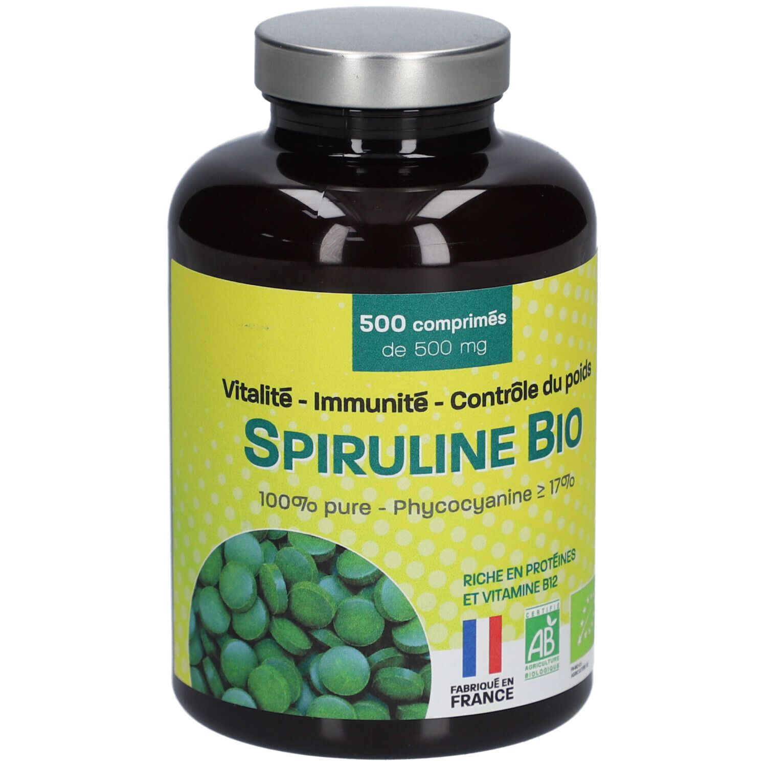 Flacon marron avec étiquette jaune. Inscription: Spiruline Bio, 500 comprimés, 500 mg. Avec label bio français.
