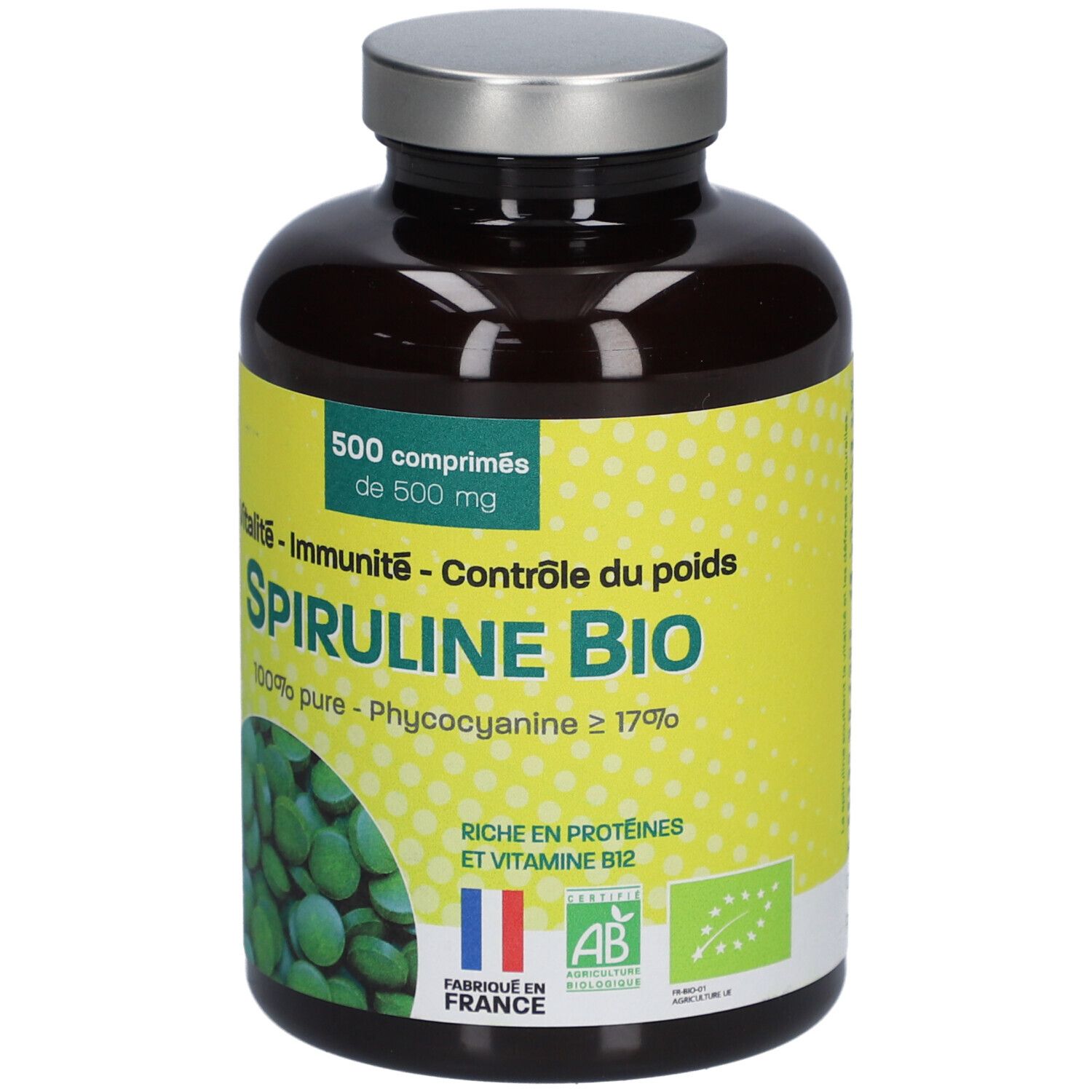 Flacon marron avec étiquette jaune. Inscription: Spiruline Bio, 500 comprimés, 500 mg. Avec label bio français.