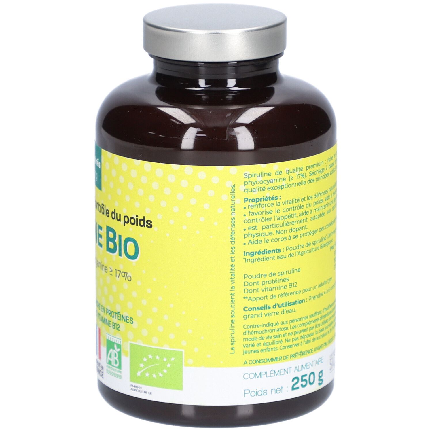 Dos d'un flacon marron avec étiquette jaune. Informations textuelles, labels vegan et bio. Contenu: 250 g.