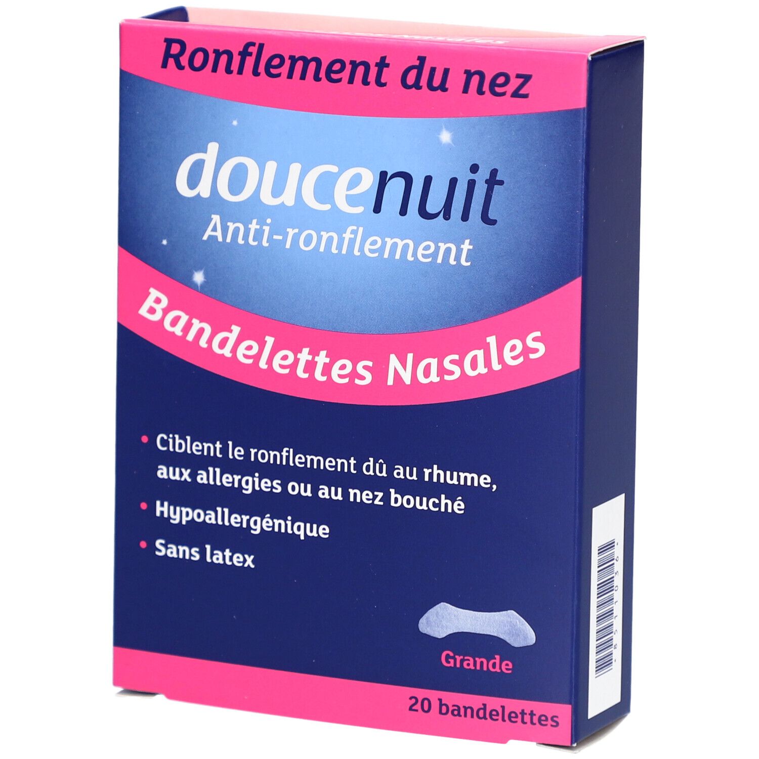 Doosje "doucenuit" anti-snurk neusstrips. Blauwe en roze verpakking. Bevat 20 strips.