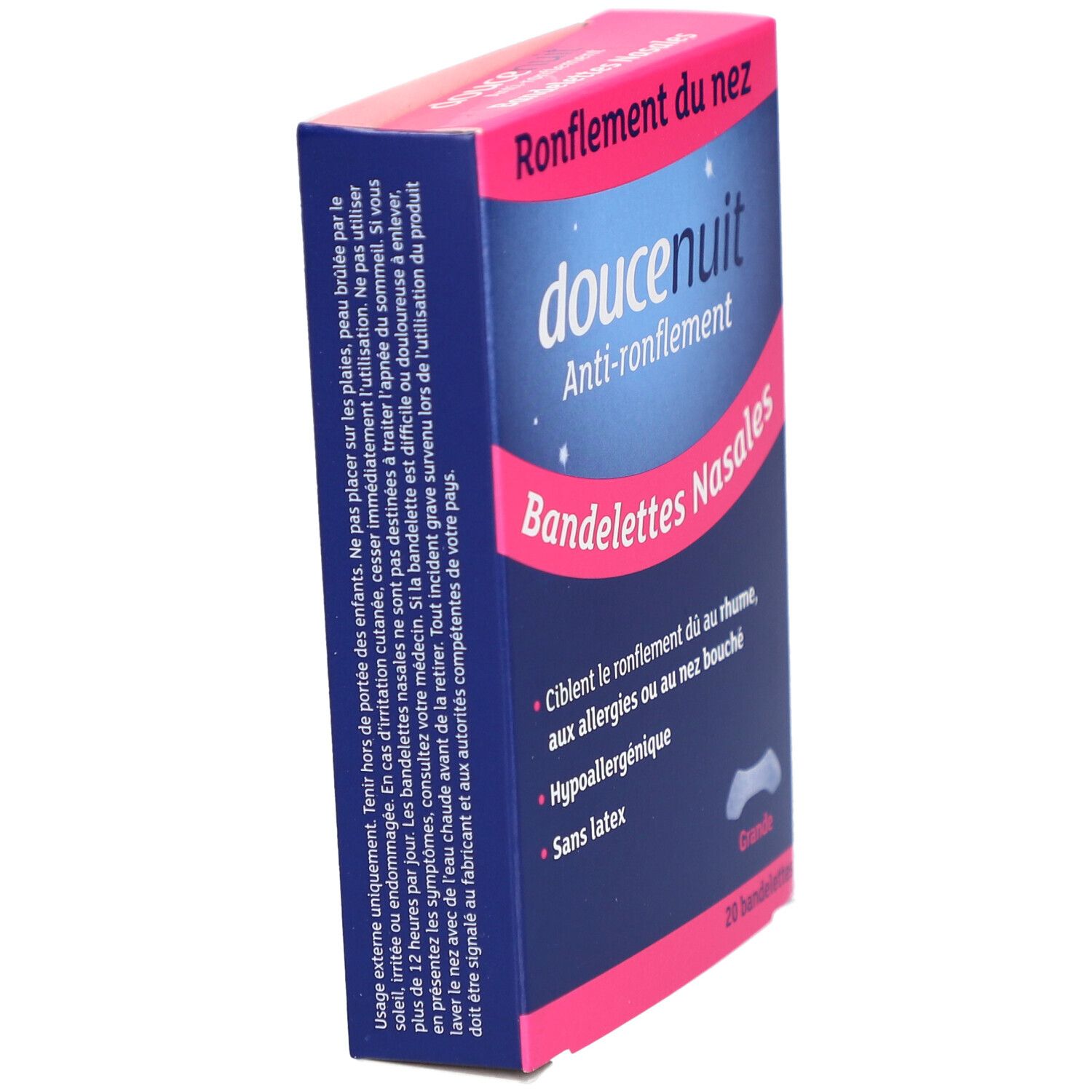 Doosje "doucenuit" anti-snurk neusstrips. Blauwe en roze verpakking. Zijaanzicht.